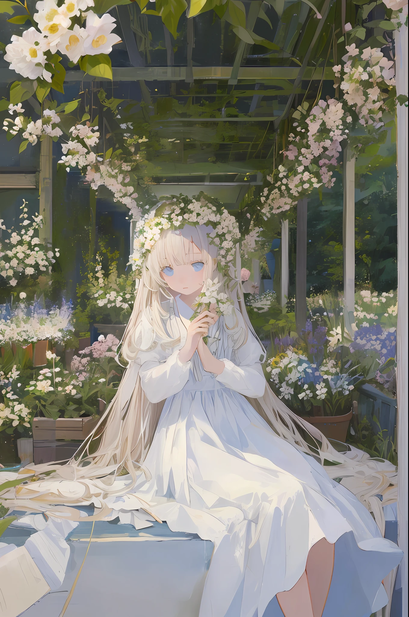 Masterpiece, of the best quality, a girl with long light hair, soft white clothes, lying alone in a never-ending flower field