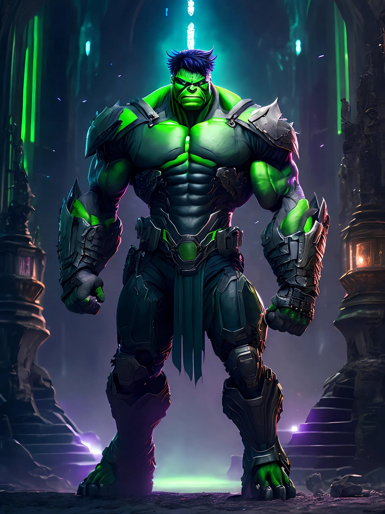 Portrait, Hulk Horseman of the Apocalypse from Marvel, biomechanical, complex robot, full growth, hyperrealistic, insane small details, extremely clean lines, cyberpunk aesthetic, masterpiece featured at Zbrush Central, gothic brutalist cathedral, cyberpunk, award-winning photo, bokeh, neon lights, cybernetic limb