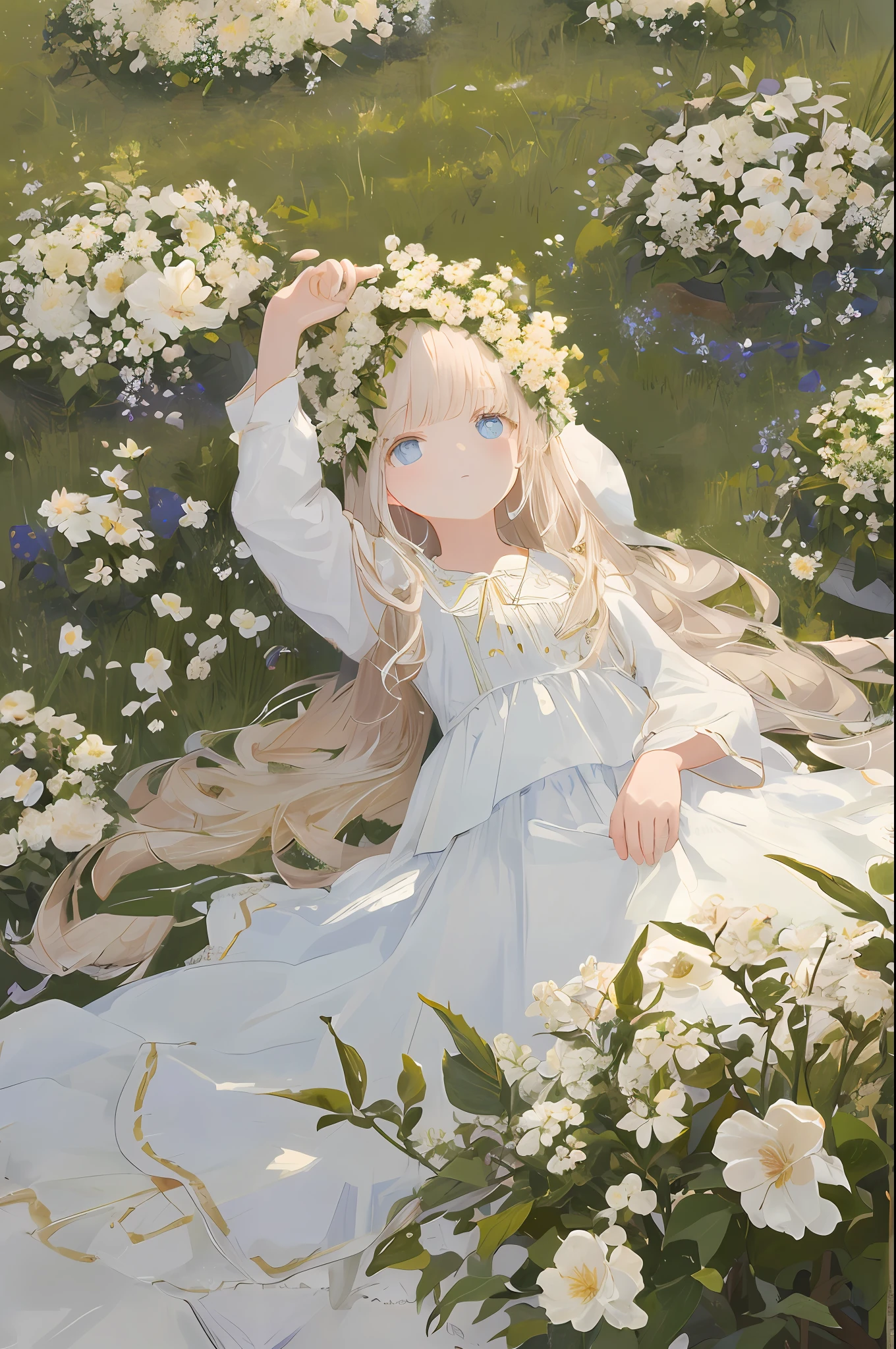Masterpiece, of the best quality, a girl with long light hair, soft white clothes, lying alone in a never-ending flower field