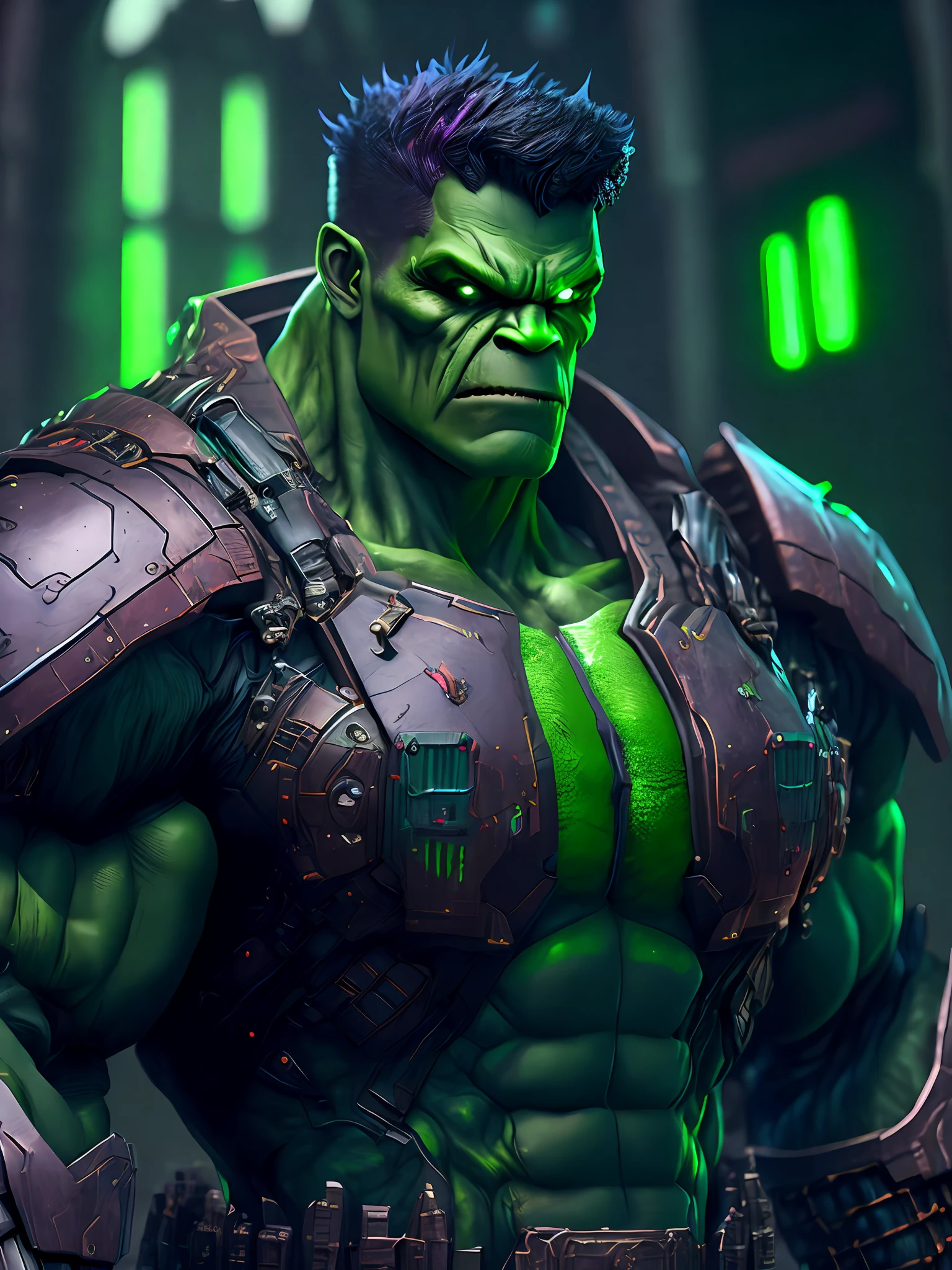 Portrait, Zombie Hulk from Marvel, biomechanical, complex robot, full growth, hyper-realistic, insane small details, extremely clean lines, cyberpunk aesthetic, masterpiece featured on Zbrush Central, gothic brutalist cathedral, cyberpunk, award-winning photo, bokeh, neon lights, cybernetic limb