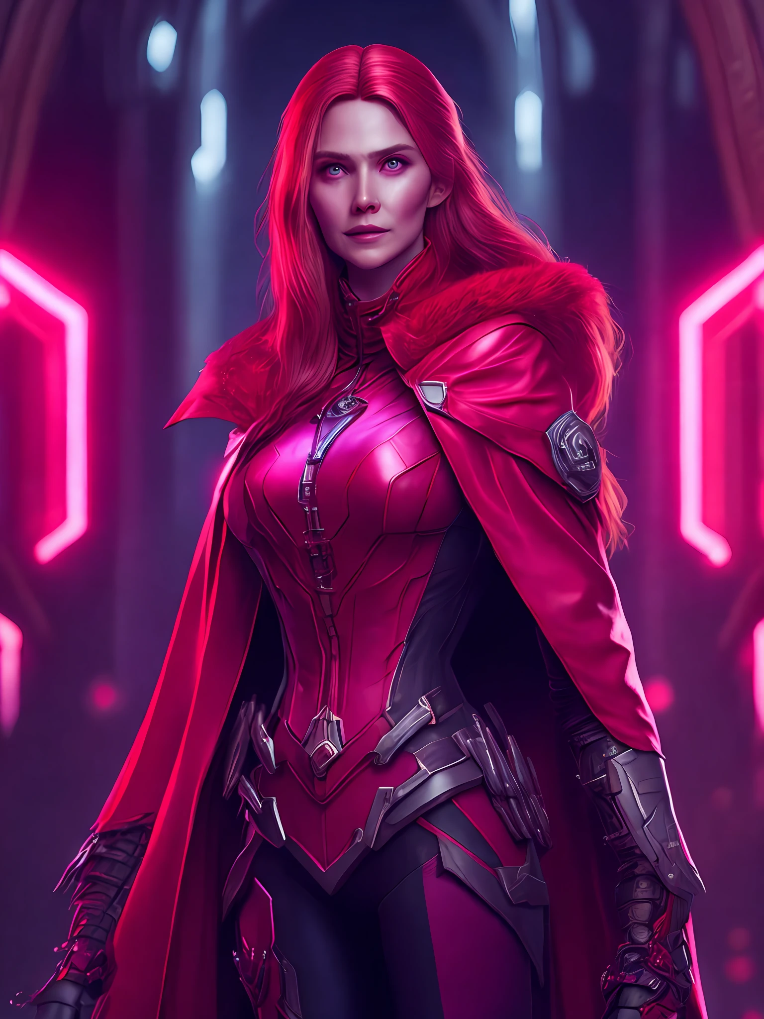 Portrait, Zombie Scarlet Witch from Marvel, biomechanical, complex robot, full growth, hyperrealistic, insane small details, extremely clean lines, cyberpunk aesthetic, masterpiece featured on Zbrush Central, gothic brutalist cathedral, cyberpunk, award-winning photo, bokeh, neon lights, cybernetic limb