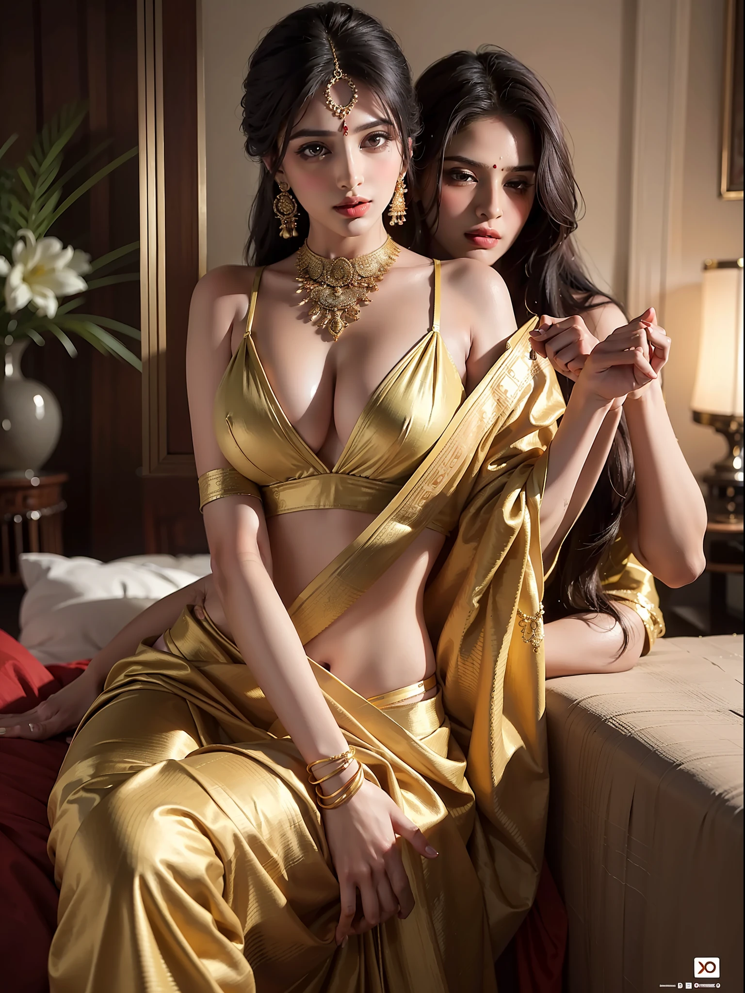 A provocative illustration of a seductive Indian woman, draped in a vibrant saree, exuding confidence and revealing subtle cleavage. Inspired by the artistry of Raja Ravi Varma, the scene captures her elegance with intricate details and graceful curves. Radiating warmth through earthy tones, her enchanting expression allures the viewer. Soft lighting accentuates her beauty, creating an intimate ambiance. --v 5 --stylize 1000
