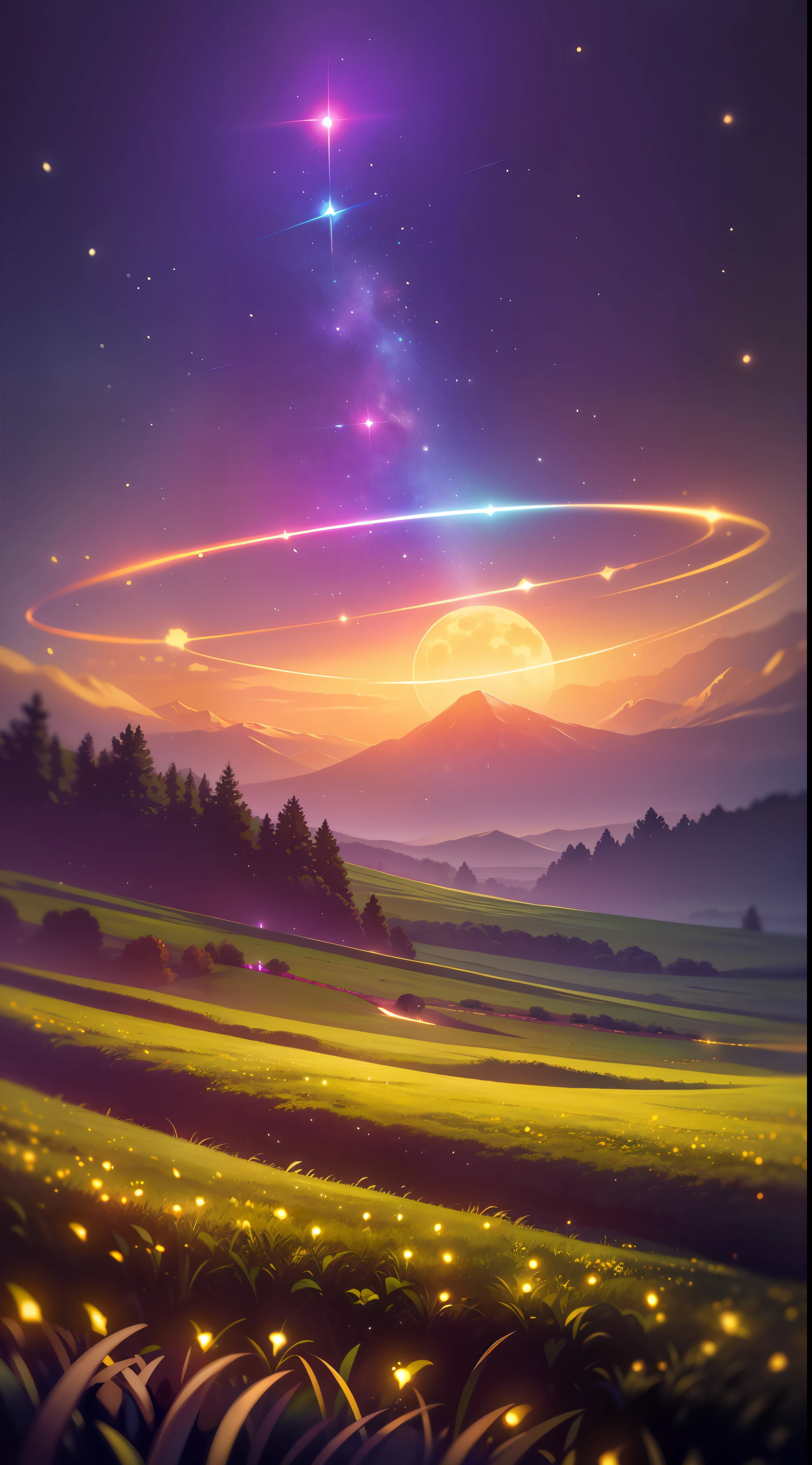 Vast landscape photo, (viewed from below, the sky is above and the open field is below), a girl standing on a flower field looking up, (full moon: 1.2), (meteor: 0.9), (nebula: 1.3), distant mountains , Trees BREAK Crafting Art, (Warm Light: 1.2), (Fireflies: 1.2), Lights, Lots of Purple and Orange, Intricate Details, Volumetric Lighting, Realism BREAK (Masterpiece: 1.2), (Best Quality), 4k, Ultra-Detailed, (Dynamic Composition: 1.4), Very Detailed, Colorful Details, (Rainbow Colors: 1.2), (Glow Lighting, Atmospheric Lighting), Dreamy, Magical, (Solo: 1.2)