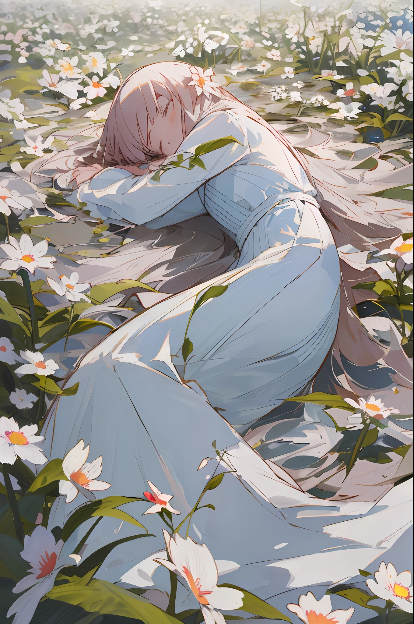 Masterpiece, of the best quality, a girl with long light hair, soft white clothes, lying alone in a never-ending flower field