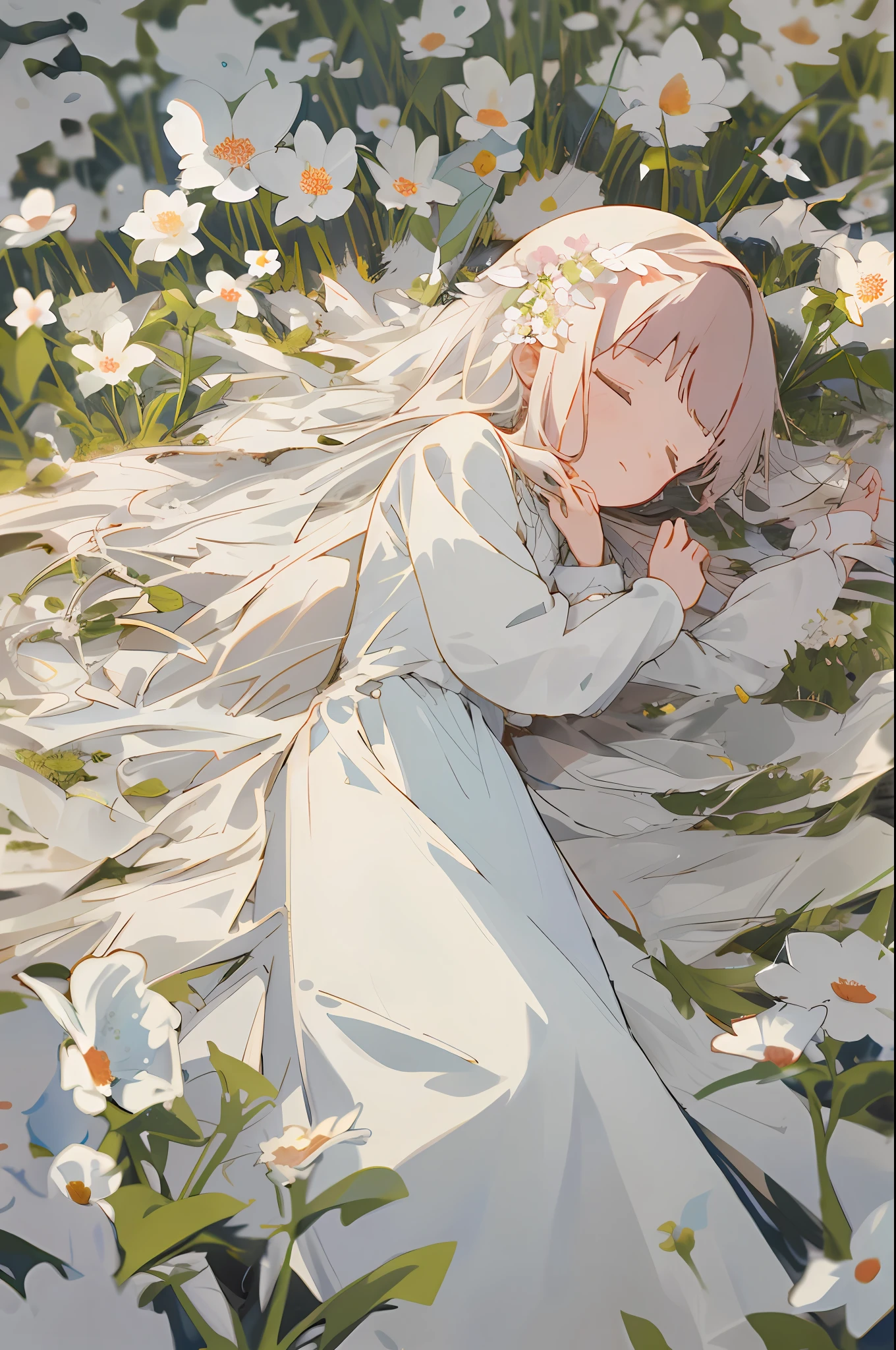 Masterpiece, of the best quality, a girl with long light hair, soft white clothes, lying alone in a never-ending flower field