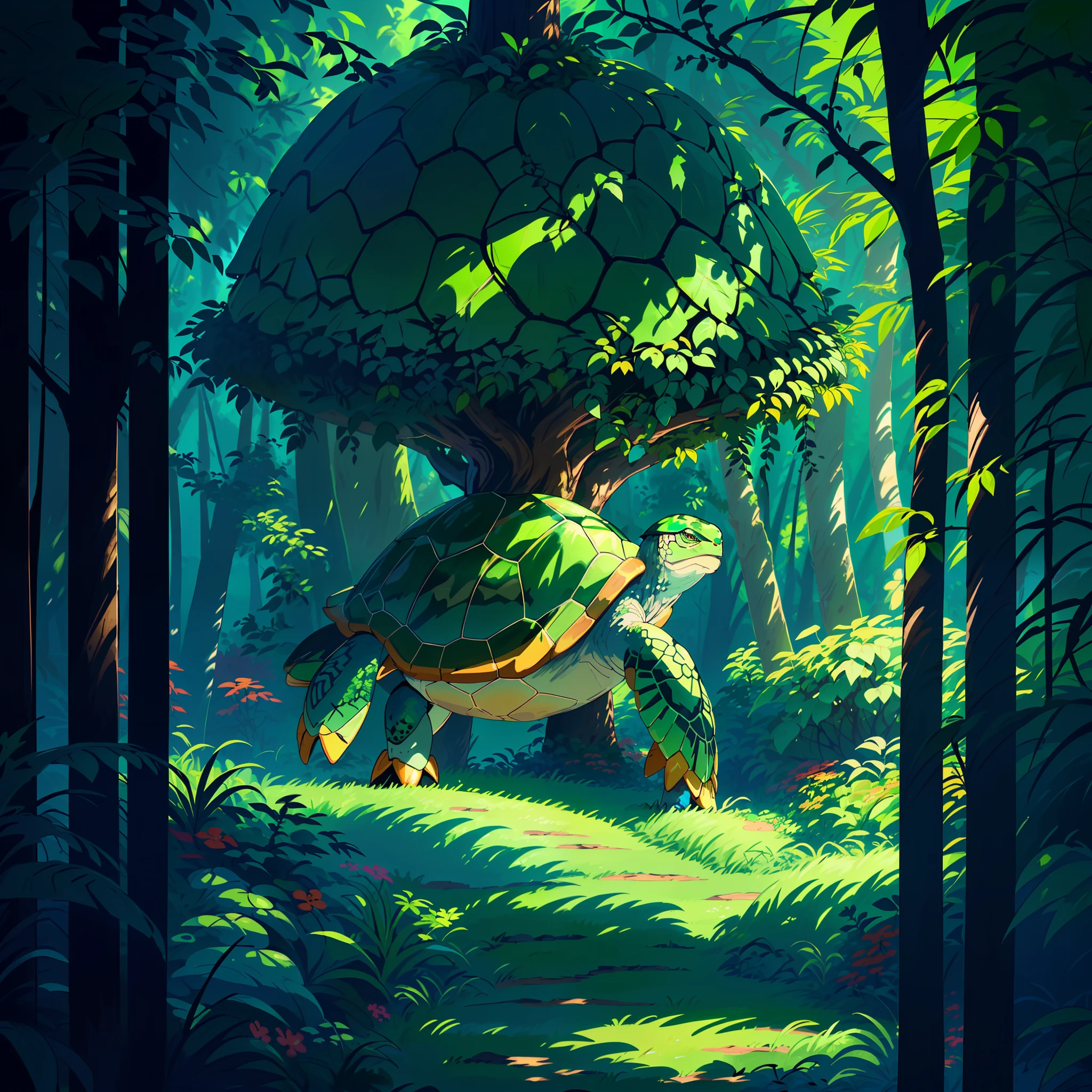 A Torterra Turtle Pokémon with green vines surrounding its body, standing proudly in a lush forest filled with other exotic pokemon and glowing mushrooms. ((Emphasizes "Turtle"+"Terra" symbolism in its design and plant element, highlighting the vibrant green and brown tree color palette)) ((a tree in its shell)) ((intimidating)) ((turtle)) ((drawing style by Ken Sugimori))