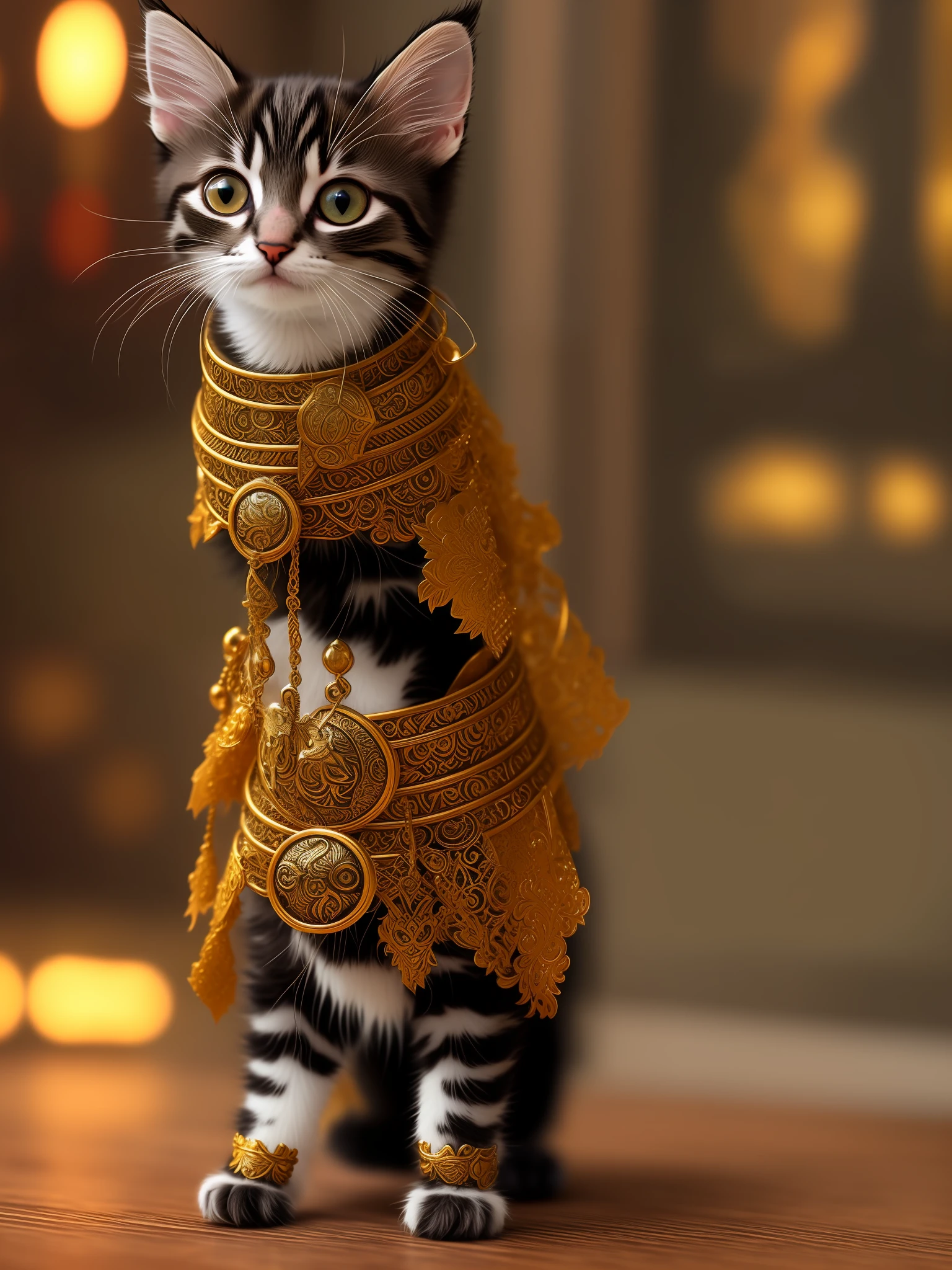 A cute kitten in bronze holy robe, punk style, ((intricate details)), HDR, ((intricate details, super detailed)), cinematic footage, vignette