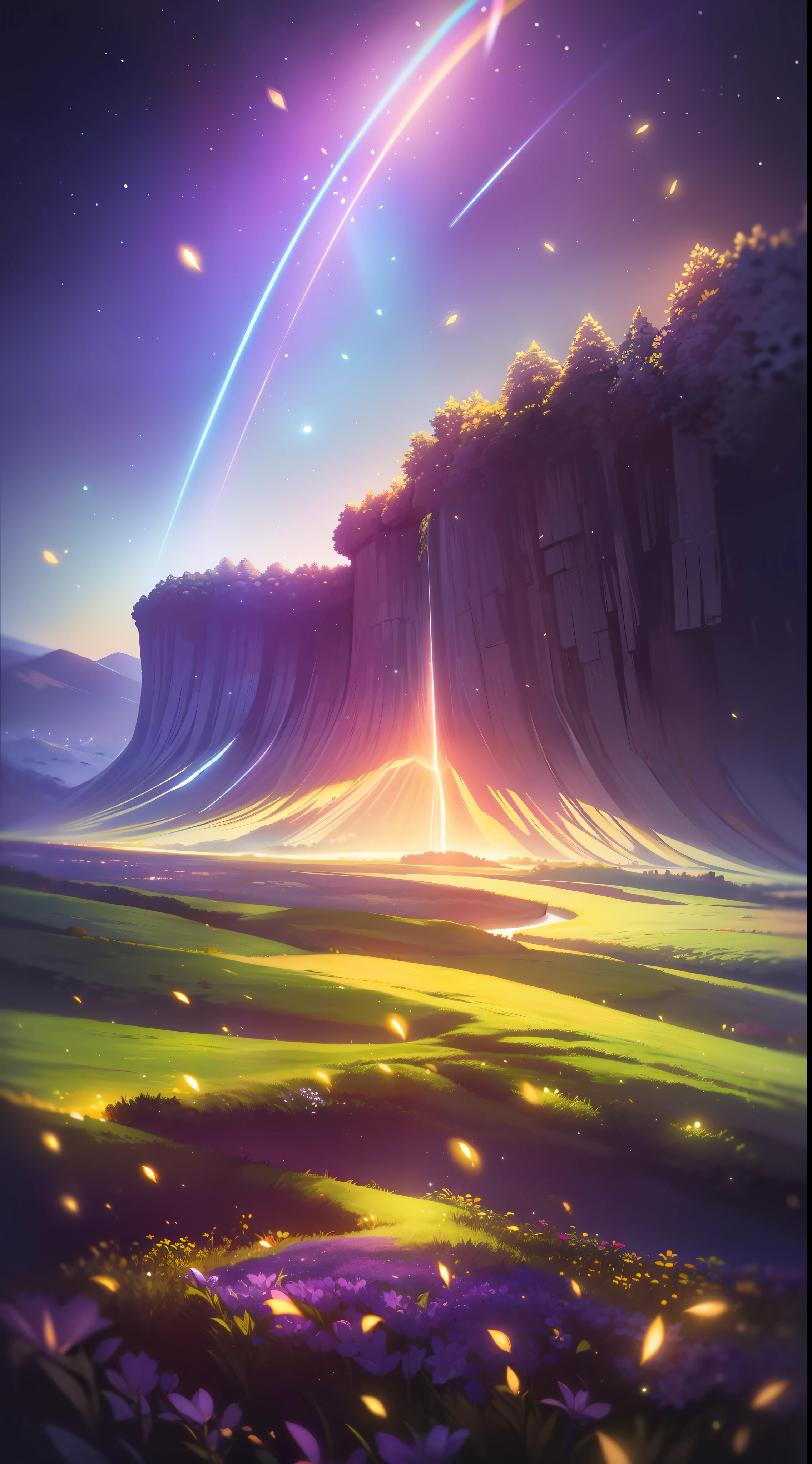 Vast landscape photo, (viewed from below, the sky is above and the open field is below), a girl standing on a flower field looking up, (full moon: 1.2), (meteor: 0.9), (nebula: 1.3), distant mountains , Trees BREAK Crafting Art, (Warm Light: 1.2), (Fireflies: 1.2), Lights, Lots of Purple and Orange, Intricate Details, Volumetric Lighting, Realism BREAK (Masterpiece: 1.2), (Best Quality), 4k, Ultra-Detailed, (Dynamic Composition: 1.4), Very Detailed, Colorful Details, (Rainbow Colors: 1.2), (Glow Lighting, Atmospheric Lighting), Dreamy, Magical, (Solo: 1.2)