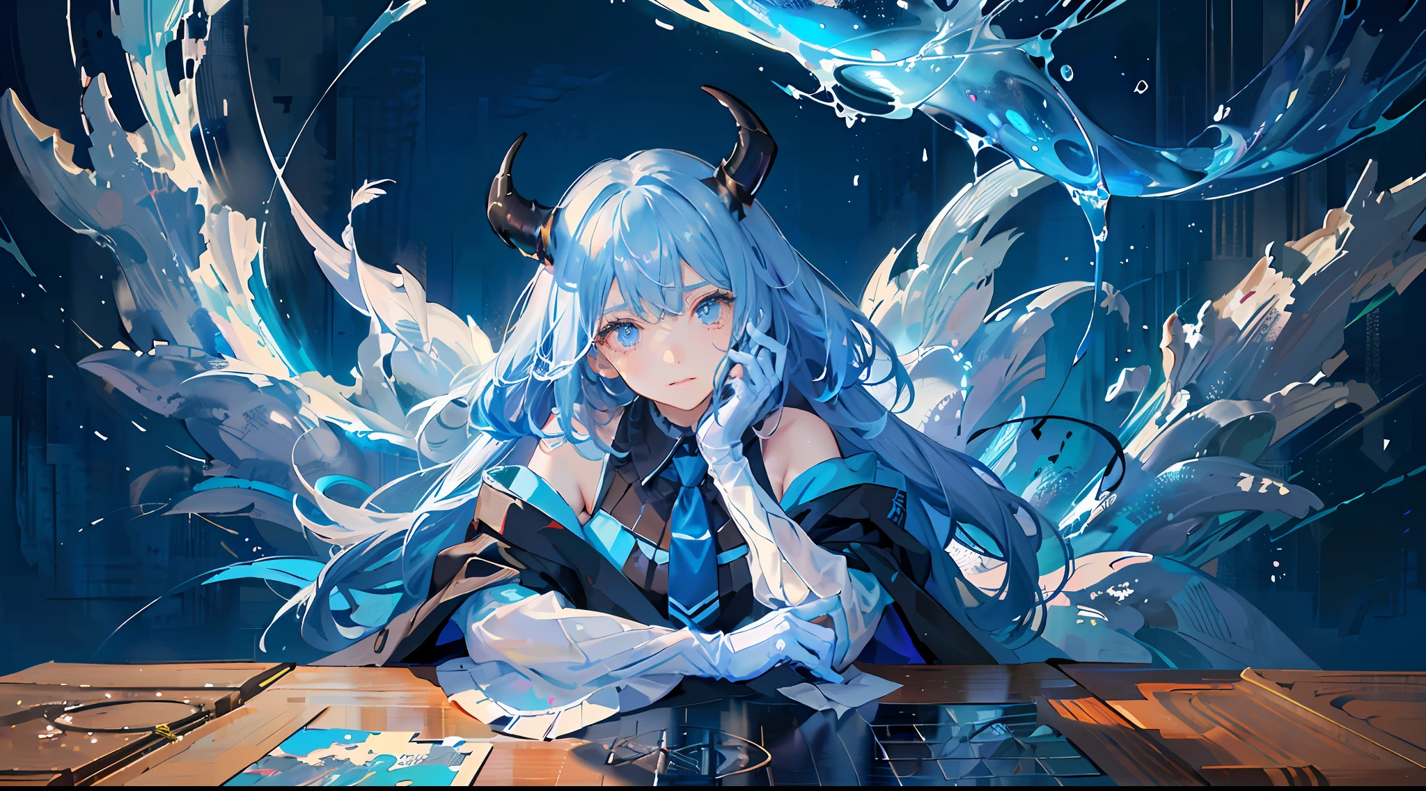 (highest quality), (masterpiece), (super detailed), (eye detail description: 1.0), (lens flare: 1.0), (movie poster: 1.0), (tarot frame: 1.0), portrait centered, (close-up: 1.0), (negative space: 0.8), (negative space: 1.6), (solo), (floating color net: 1.0), (many colors: 1.0), (floating water drop: 1.0), (water magic: 1.0), (dappled sunlight, light, caustics: 1.2), (Iridescent: 1.0), (Beautiful Detail Glow: 1.0), (Leaning Back: 1.2), (Cute Expression: 1.0), (Small: 1.0), (Mouth: 1.0), (Eyelashes), (Light Blue Hair: 1.4), (Long Hair: 1.0), (Audience-facing: 1.3), (Head Tilt: 1.0), (Dynamic Pose: 1.1), (Asymmetrical Hair: 1.2), (Casual, Casual), (Cascading Skirt), (Gray Eyes: 1.4), Slanted Bangs, high double ponytail, long coat, (flowing cloak: 1.0), (abstract background: 1.4), (: 1.1), (tan: 1.1), (upper body: 1.25), thinking, pupils, ++, feathers, bare shoulders, tights, (White gloves: 1.3), black and red double horns, sleepy wearing school uniform, blue eyes, an anime girl, Shingei's anime painting, pixiv, concept art, anime vision of cute girls, blue watery eyes, anime moe art style, close to the glass, looking at the camera, two hands in front of the glass, childish face, splashing water droplets, eyes highlight, turquoise files, blue main tone, bright crystal