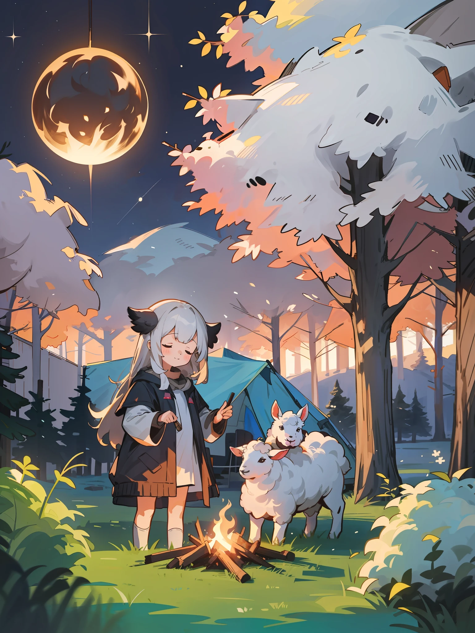 1girl, sleepeace, sheeps, animals, tree, night_sky, bonfire, camping:1.2), upper_body,