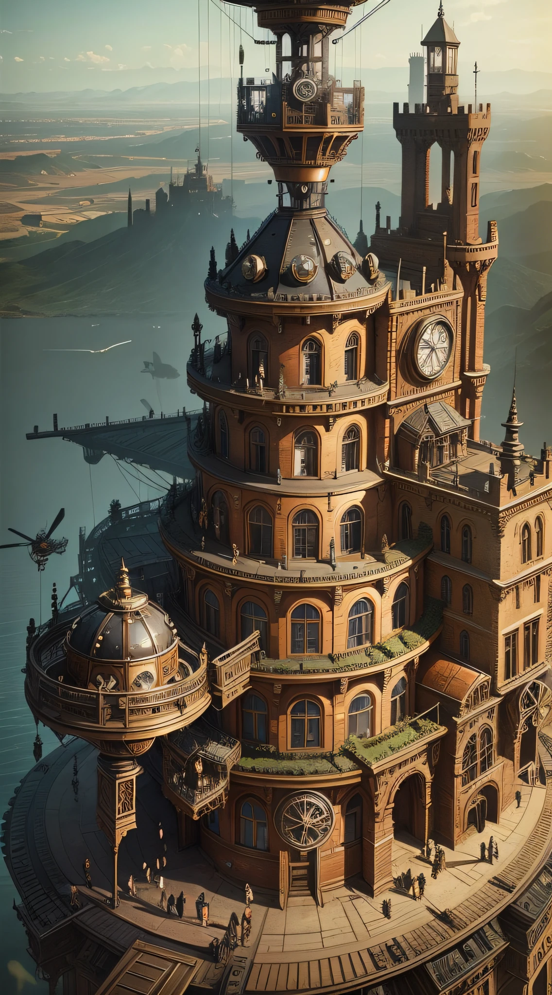 SteamPunkAI, Cogpunk helicopter, city castle, steampunk