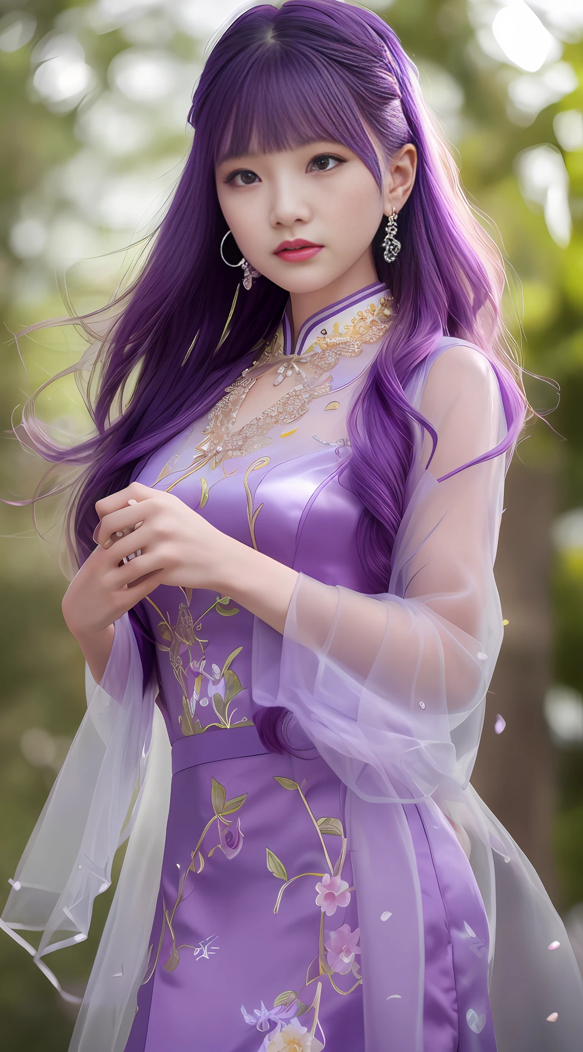 Top Quality, Masterpiece, High Resolution, 1girl, Cheongsam, Hair Ornament, Necklace, Jewelry, Beautiful Face, upon_body, Tyndall Effect, Rim Lighting, Two-Tone Lighting, (High Detail Skin: 1.2), 8K UHD, DSLR, Soft Lighting, High Quality, Volumetric Lighting, Candid, Photography, High Resolution, 4K, 8K, Bokeh, Purple Hair, (Transparent Clothing: 1.4), Big,