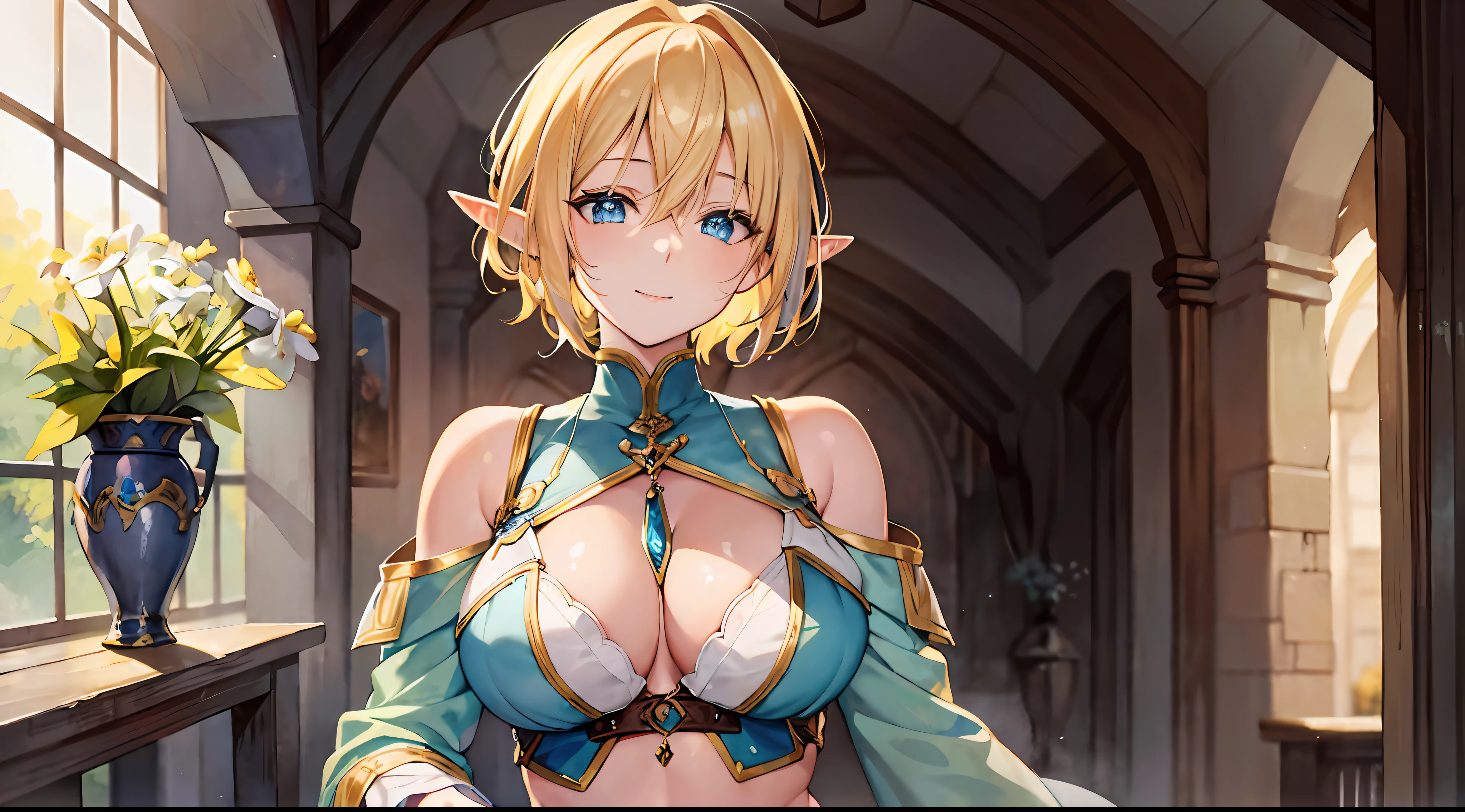 (watercolor: 1.2), elf, light yellow hair, short hair, light blue eyes, hair between eyes, high resolution, large breasts, full body, showing navel and thighs, happy expression, fantasy, in a medieval inn --auto --s2