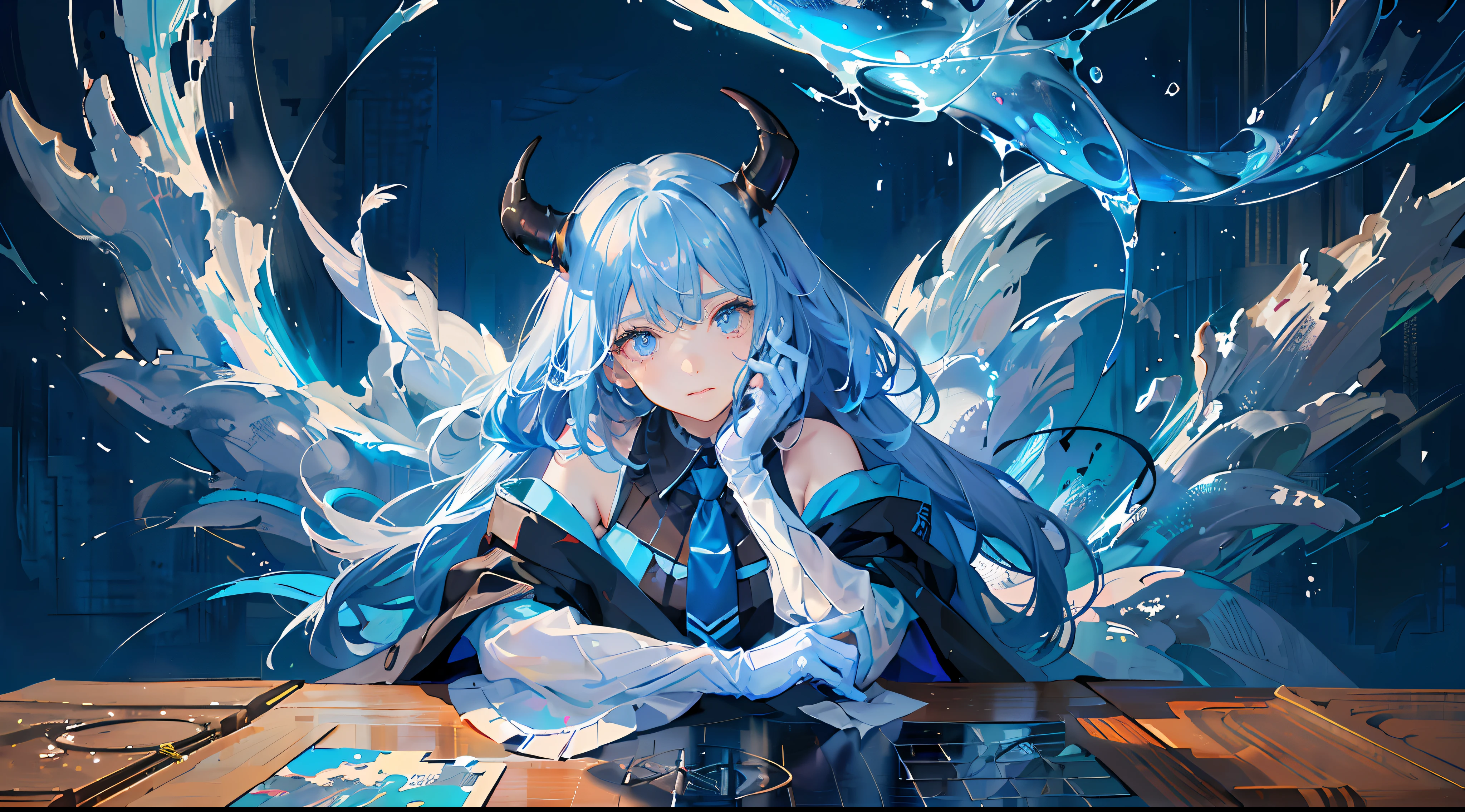 (highest quality), (masterpiece), (super detailed), (eye detail description: 1.0), (lens flare: 1.0), (movie poster: 1.0), (tarot frame: 1.0), portrait centered, (close-up: 1.0), (negative space: 0.8), (negative space: 1.6), (solo), (floating color net: 1.0), (many colors: 1.0), (floating water drop: 1.0), (water magic: 1.0), (dappled sunlight, light, caustics: 1.2), (Iridescent: 1.0), (Beautiful Detail Glow: 1.0), (Leaning Back: 1.2), (Cute Expression: 1.0), (Small: 1.0), (Mouth: 1.0), (Eyelashes), (Light Blue Hair: 1.4), (Long Hair: 1.0), (Audience-facing: 1.3), (Head Tilt: 1.0), (Dynamic Pose: 1.1), (Asymmetrical Hair: 1.2), (Casual, Casual), (Cascading Skirt), (Gray Eyes: 1.4), Slanted Bangs, high double ponytail, long coat, (flowing cloak: 1.0), (abstract background: 1.4), (: 1.1), (tan: 1.1), (upper body: 1.25), thinking, pupils, ++, feathers, bare shoulders, tights, (White gloves: 1.3), black and red double horns, sleepy wearing school uniform, blue eyes, an anime girl, Shingei's anime painting, pixiv, concept art, anime vision of cute girls, blue watery eyes, anime moe art style, close to the glass, looking at the camera, two hands in front of the glass, childish face, splashing water droplets, eyes highlight, turquoise files, blue main tone, bright crystal