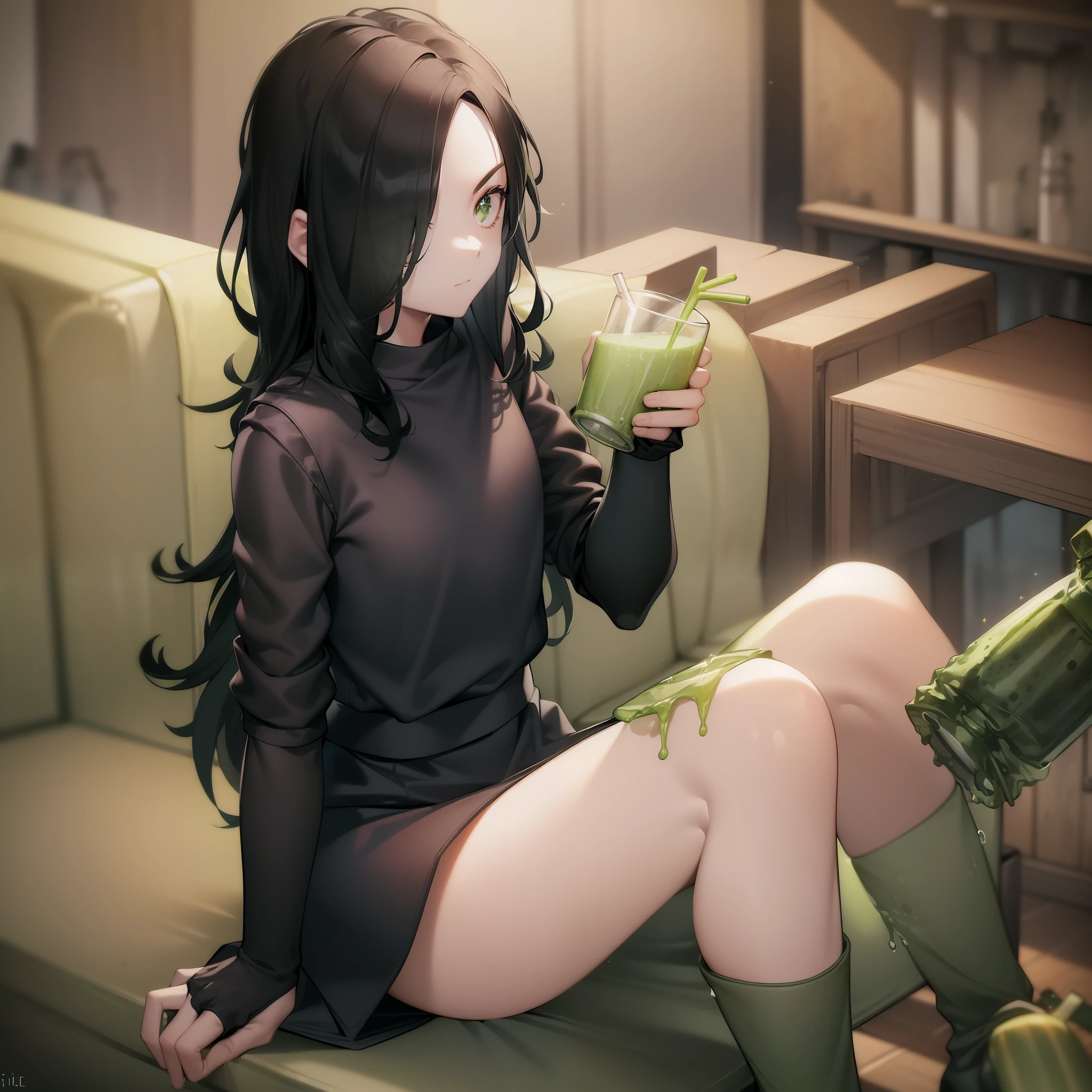 ((Green juice cup, fizzy, sparkling, foamy, holding bones, best quality)),(complex lighting),solo,1girl,upper body, eveline, black dress, black hair, boots, sleeves rolled up, hair over one eye,long hair, pale skin, sitting, on chair, grey eyes