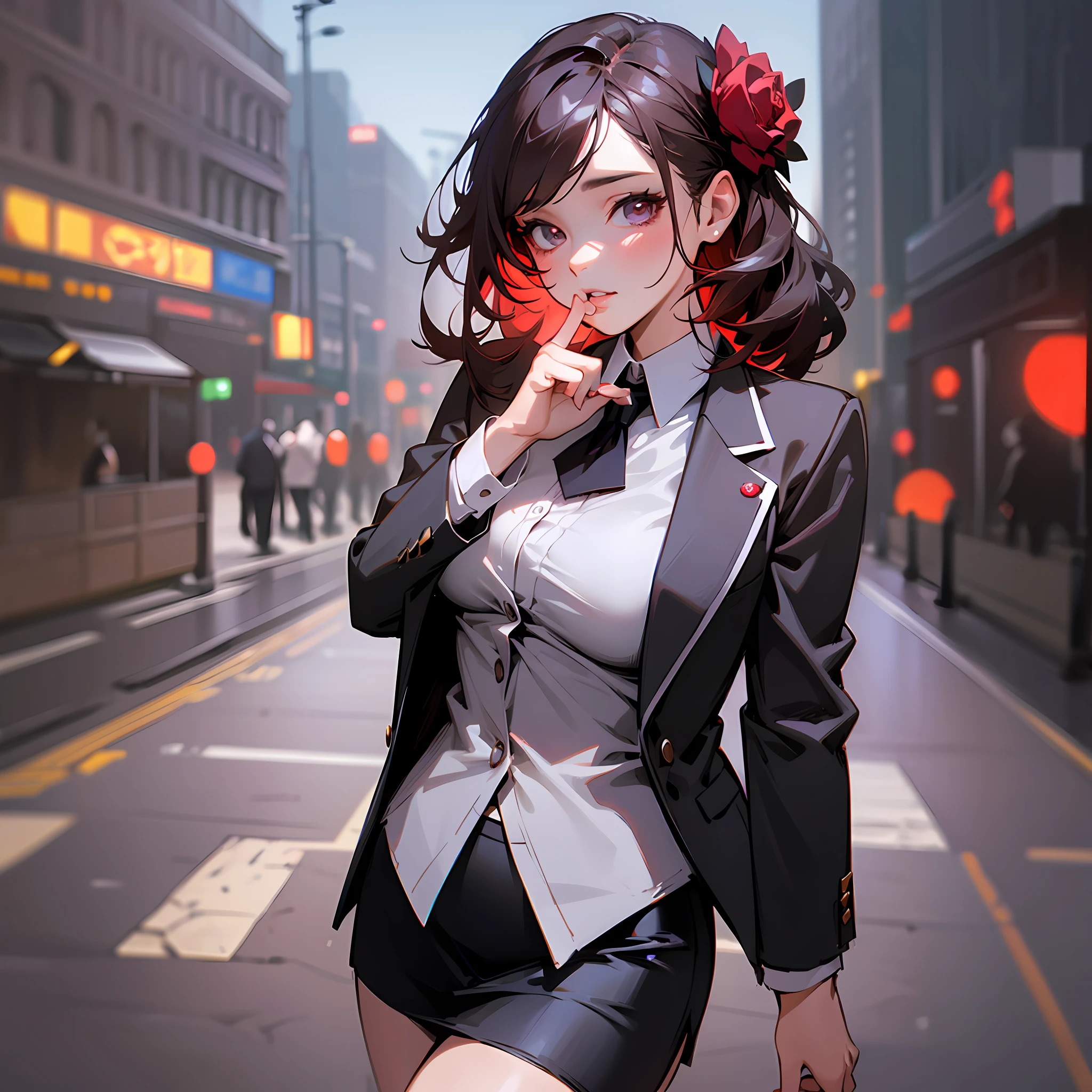 best quality, masterpiece, 1girl, Beautiful face, (photo realistic:1.3), glow skin, red colored rose in her hair on the head, rim lighting, (high detailed skin:1.2), 8k uhd, dslr, high quality, high resolution, 4k, 8k, Bokeh, absurdres, best ratio four finger and one thumb, (realistic:1.3), cute 1girl, wearing black formal blazer, medium breasts, short skirt, --auto --s2