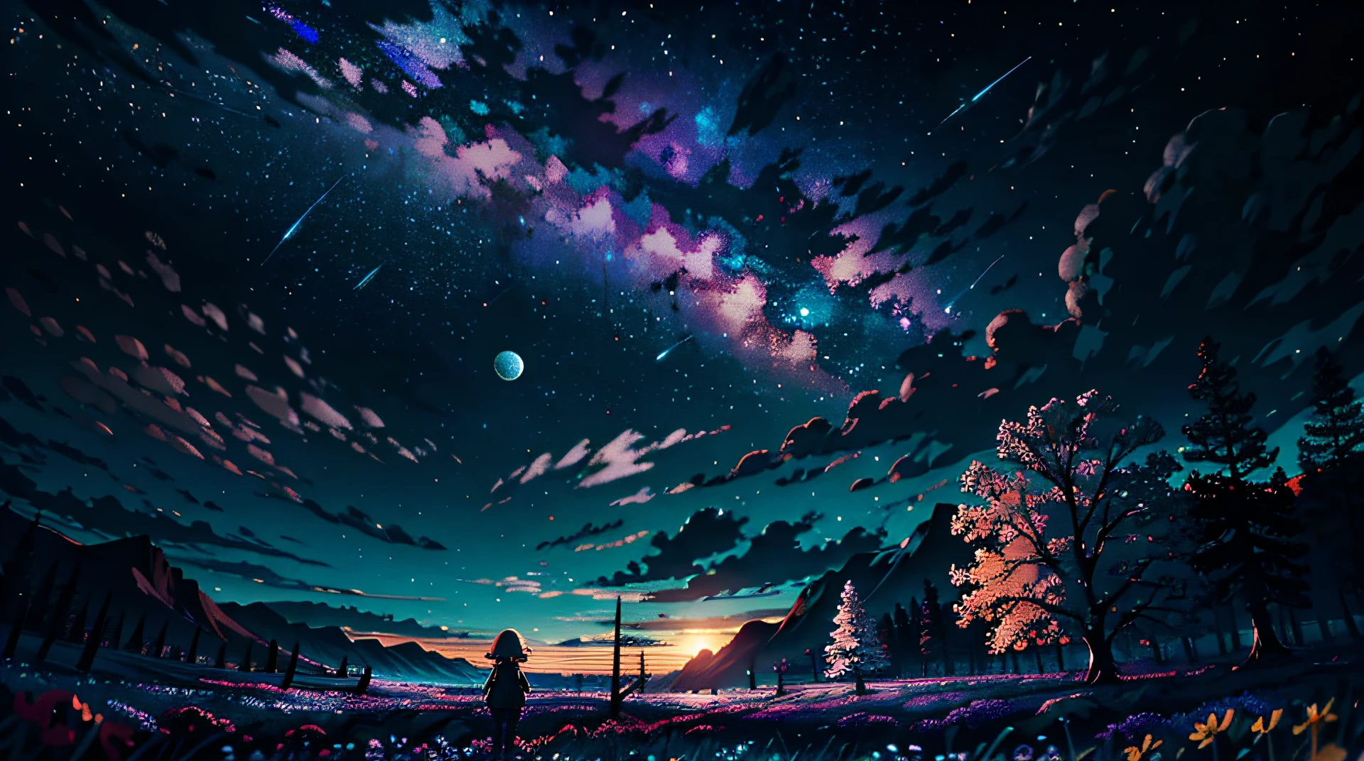 Expansive landscape photograph, (view from below with a view of the sky and the wilderness below), girl standing in a flower field looking up, (full moon: 1.2), (shooting star: 0.9), (nebula: 1.3), distant mountain, tree break production art, (warm light source: 1.2), (firefly: 1.2), lamp, purple and orange, intricate detail, volume lighting BREAK (masterpiece: 1.2), (highest quality ), 4k, ultra-detailed, (dynamic configuration: 1.4), highly detailed and colorful details (iridescent: 1.2), (sparkling lighting, atmospheric lighting), dreamy, magical, (solo: 1.2)
