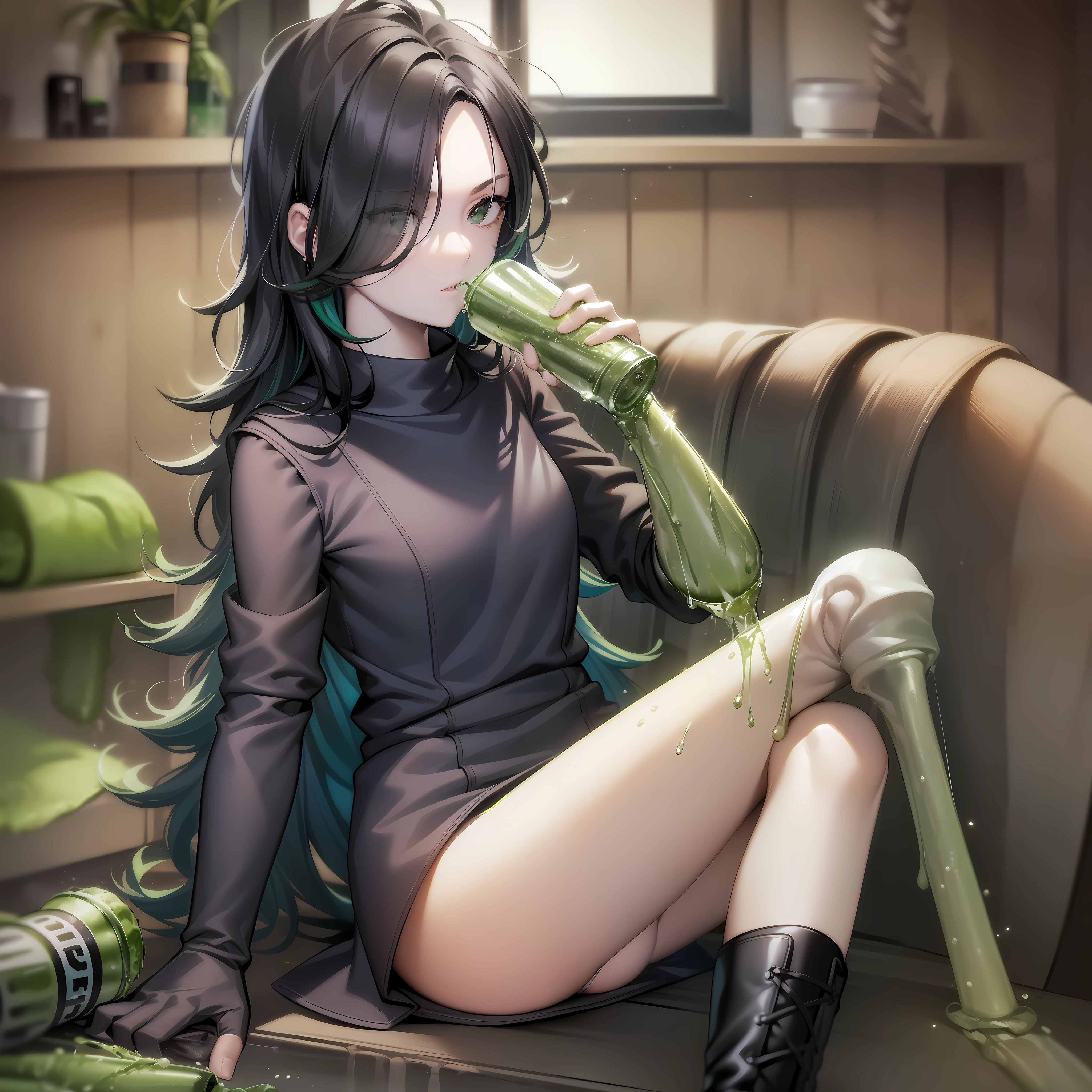 ((Green juice cup, fizzy, sparkling, foamy, holding bones, best quality)),(complex lighting),solo,1girl,upper body, eveline, black dress, black hair, boots, sleeves rolled up, hair over one eye,long hair, pale skin, sitting, on chair, grey eyes