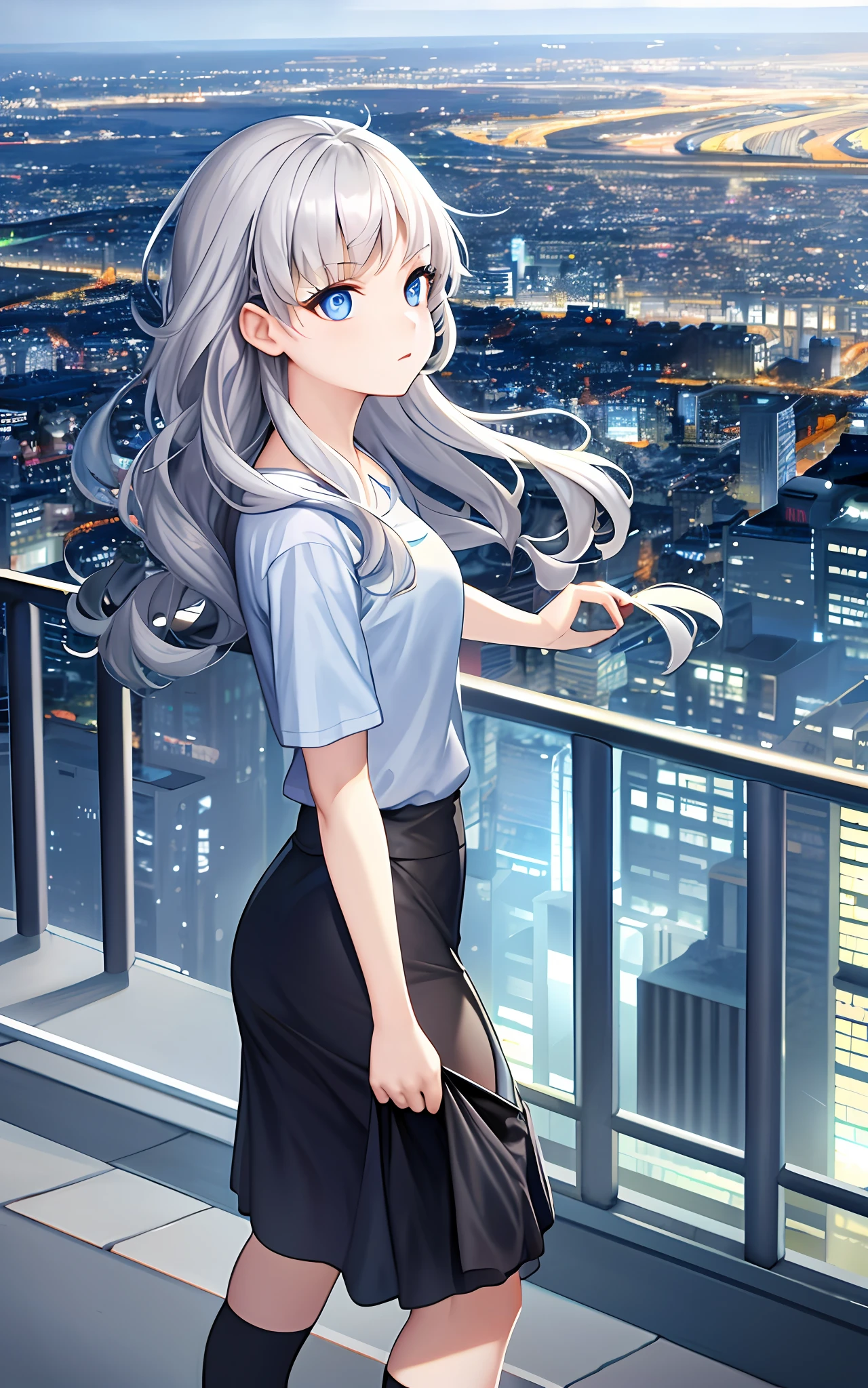 Girl, solo, 23 years old, city looking down from the hill (vivid description), night view, silver hair, blue eyes, wavy hair, sister's plain clothes (T-shirt, miniskirt), looking up at the sky,,