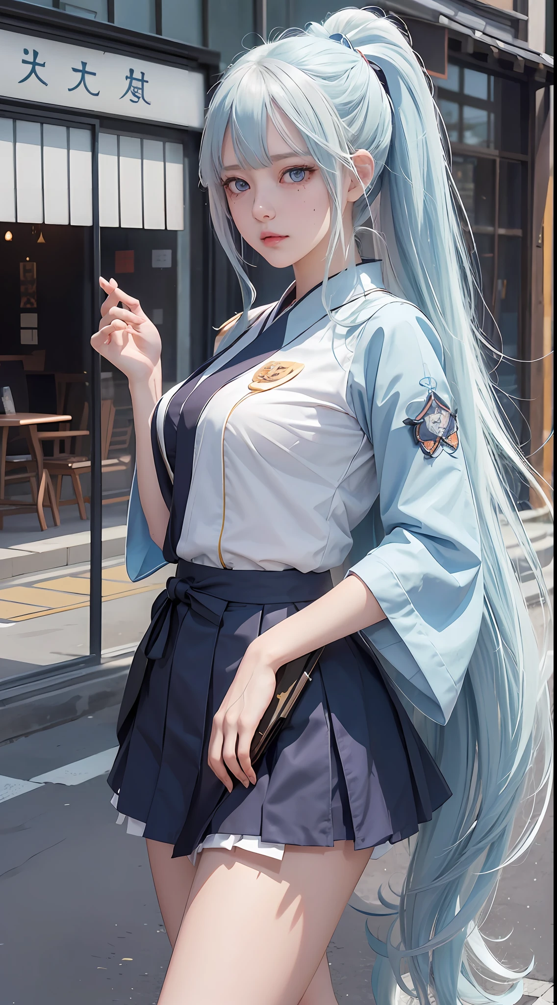 (anime girl + long white hair), (Kantai collection style + Azur lane style), (beautiful anime high school girl + anime moe art style + gapmoe yandere), (smooth anime CG art + anime visual of cute girl), (anime style 4K + best anime 4K wallpaper), (young anime girl + young girl + Qi bangs + high ponytail + kimono skirt + Yamato fuko + tear mole with eye corners + light blue eyes), (from Azur Lane Video Game + Japanese Street + Genshin + ((Kamisato Ayaka))),