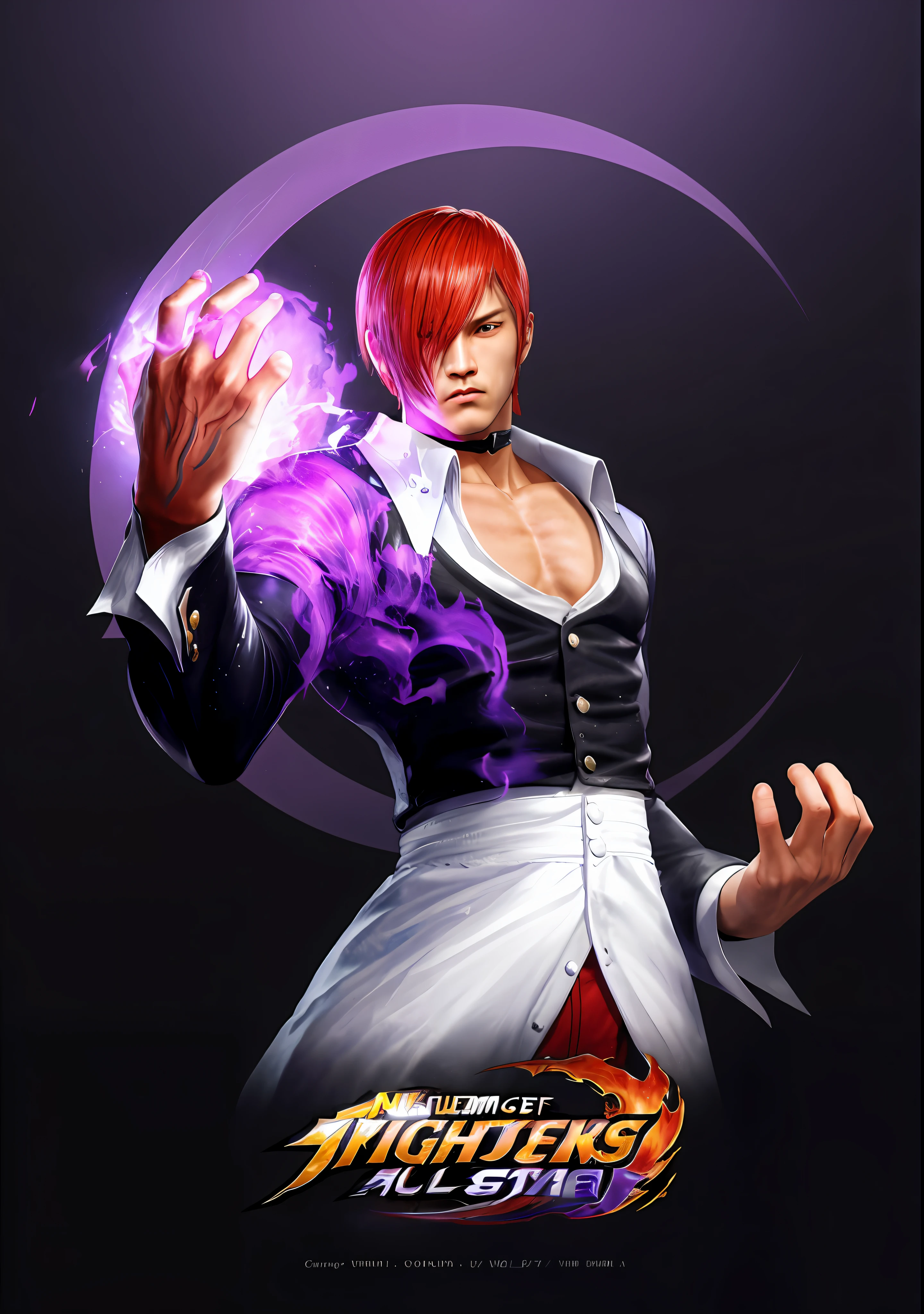 a close up of a person holding a purple ball, king of fighters style, character from king of fighters, fighting game character, as a character in tekken, jin kagetsu, striking detailed artstyle, snk, key art, official character art, daigo ikeno, fighter pose, fan art, sfw version, new character