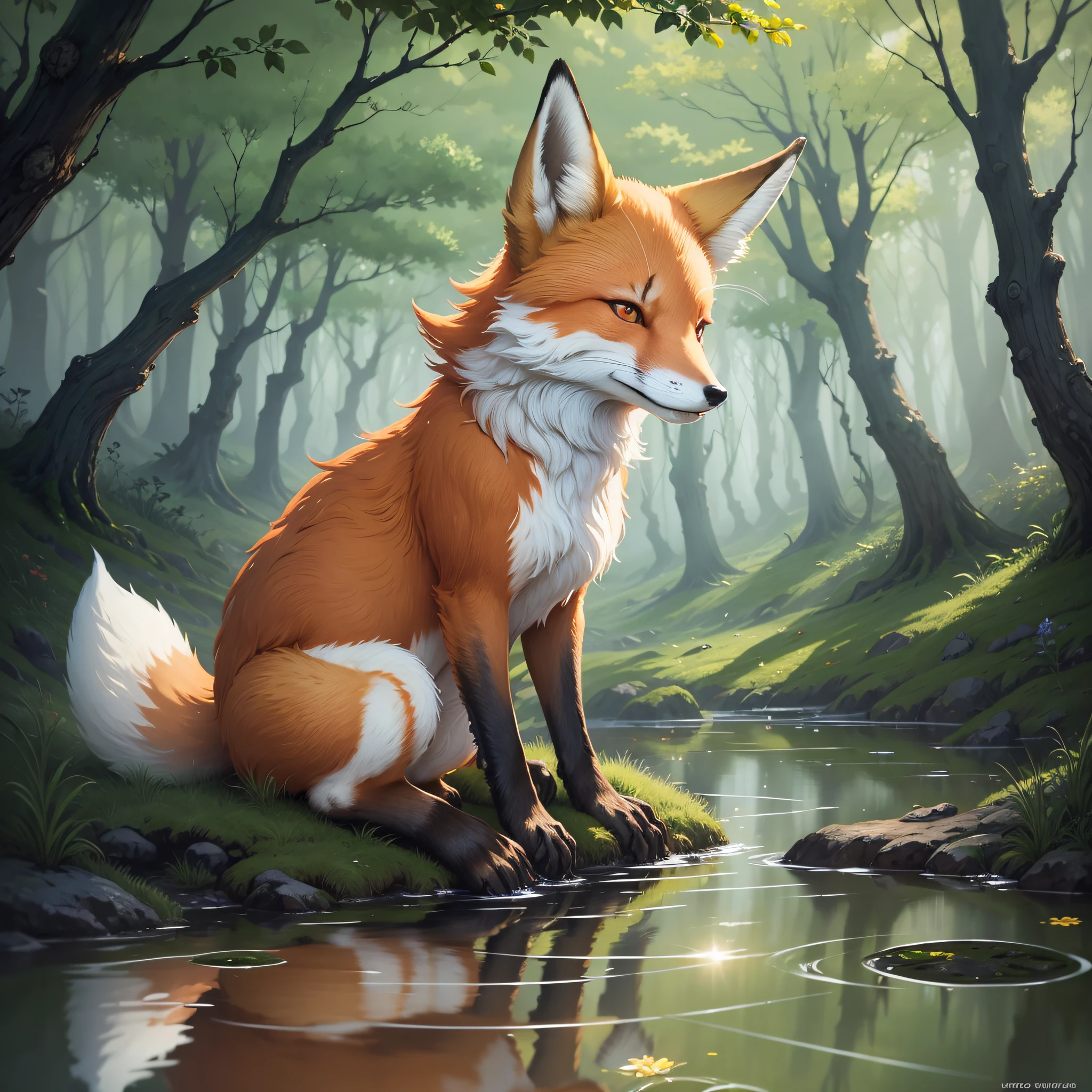 A playful fox in a glowing bog by Hayao Miyazaki and Ogata Korin --auto --s2