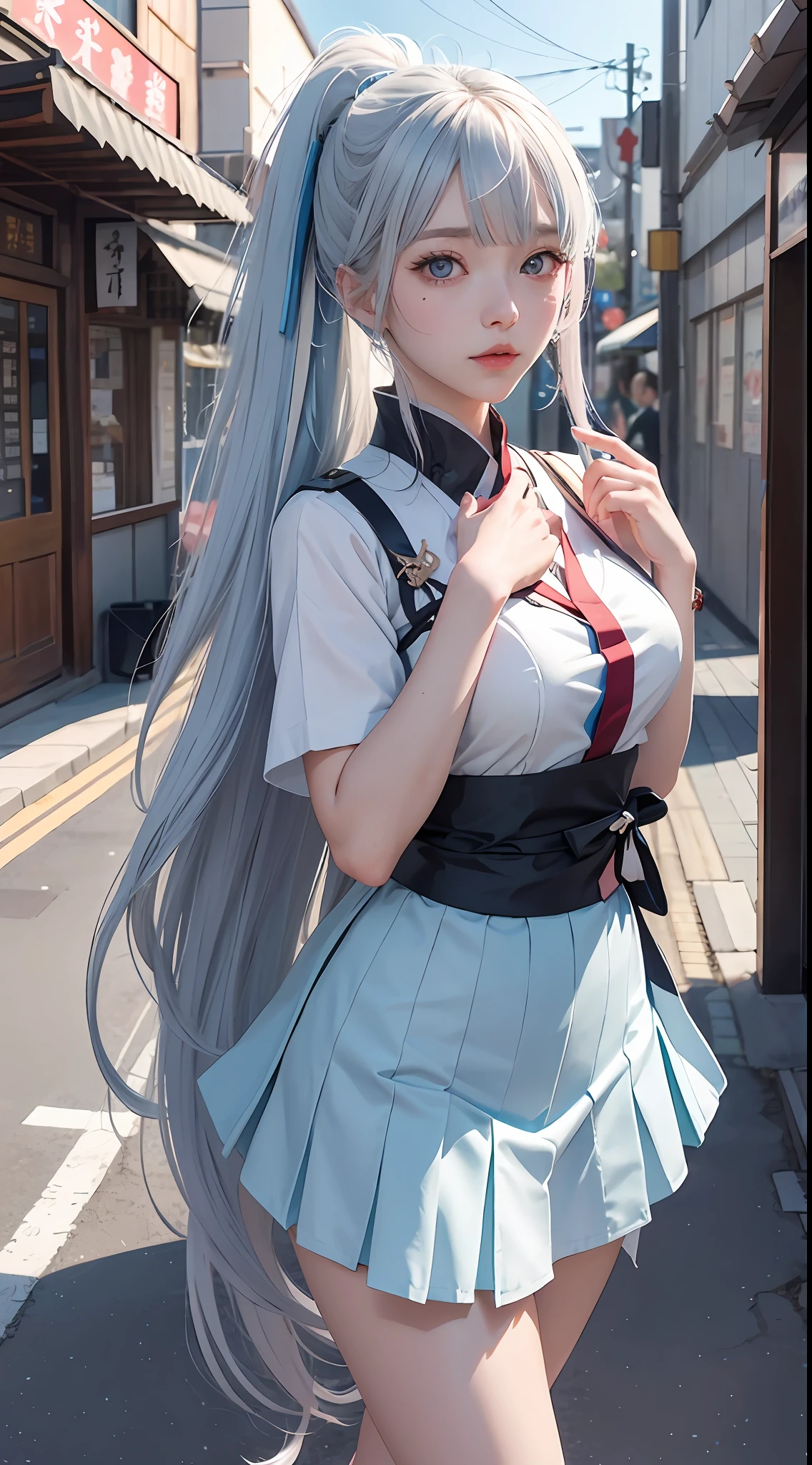 Anime girl with long white hair, Kantai collection style, azur lane style, beautiful anime high school girl, smooth anime CG art, anime visual of cute girl, gapmoe yandere, anime moe art style, anime style 4 K, best anime 4k konachang wallpaper, young anime girl, young girl, video game from Azur Lane, qi bangs, high ponytail, kimono skirt, tear mole at the corner of the eye, Yamato Fuko, Japanese street, Genshin, Kamisato Ayaka, ((Kamisato Ayaka)), light blue eyes,