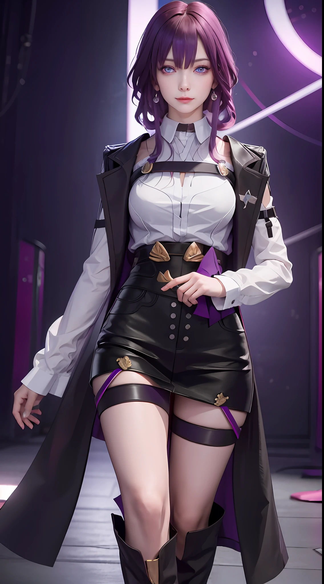 Masterpiece, Best Quality, 1girl, Official, Two Purple Eyes, Purple Hair, Bustiness, Cowboy Shot, Looking at the Audience, Dark, (Darkness), Cinematic Light, Edge Light, Detailed Eyes, (pureerosface_v1:0.5), Looking at the Audience, (Realisticity: 1.2), Provocative, Honkai Star Track, Arrogant, Bangs Evil Face, Fantasy Background, Symmetry of Left and Right Eyes