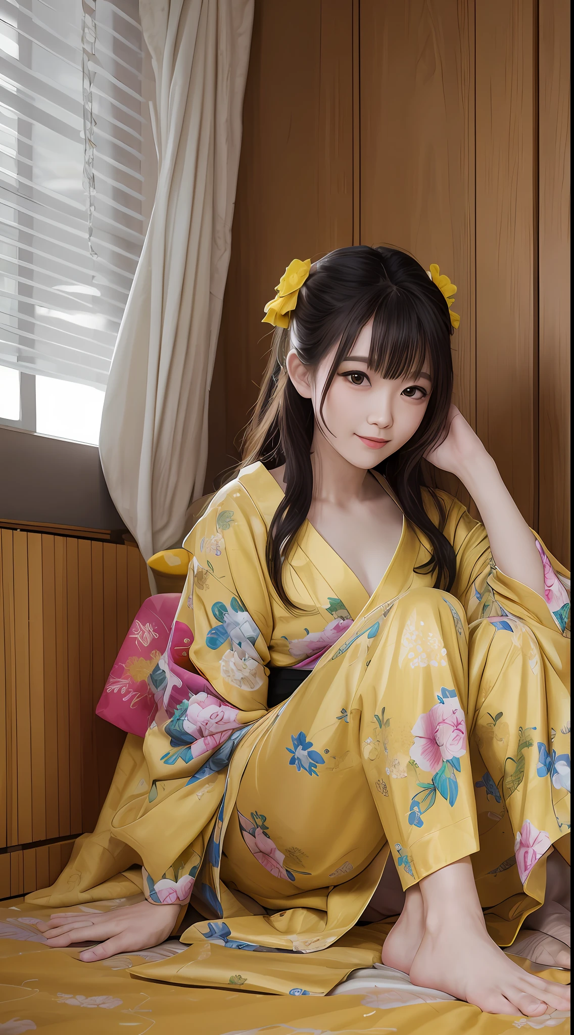 Best quality, masterpiece, super high resolution, yellow yukata, bedroom, leg-showing, ultra-realistic, chestless chest
