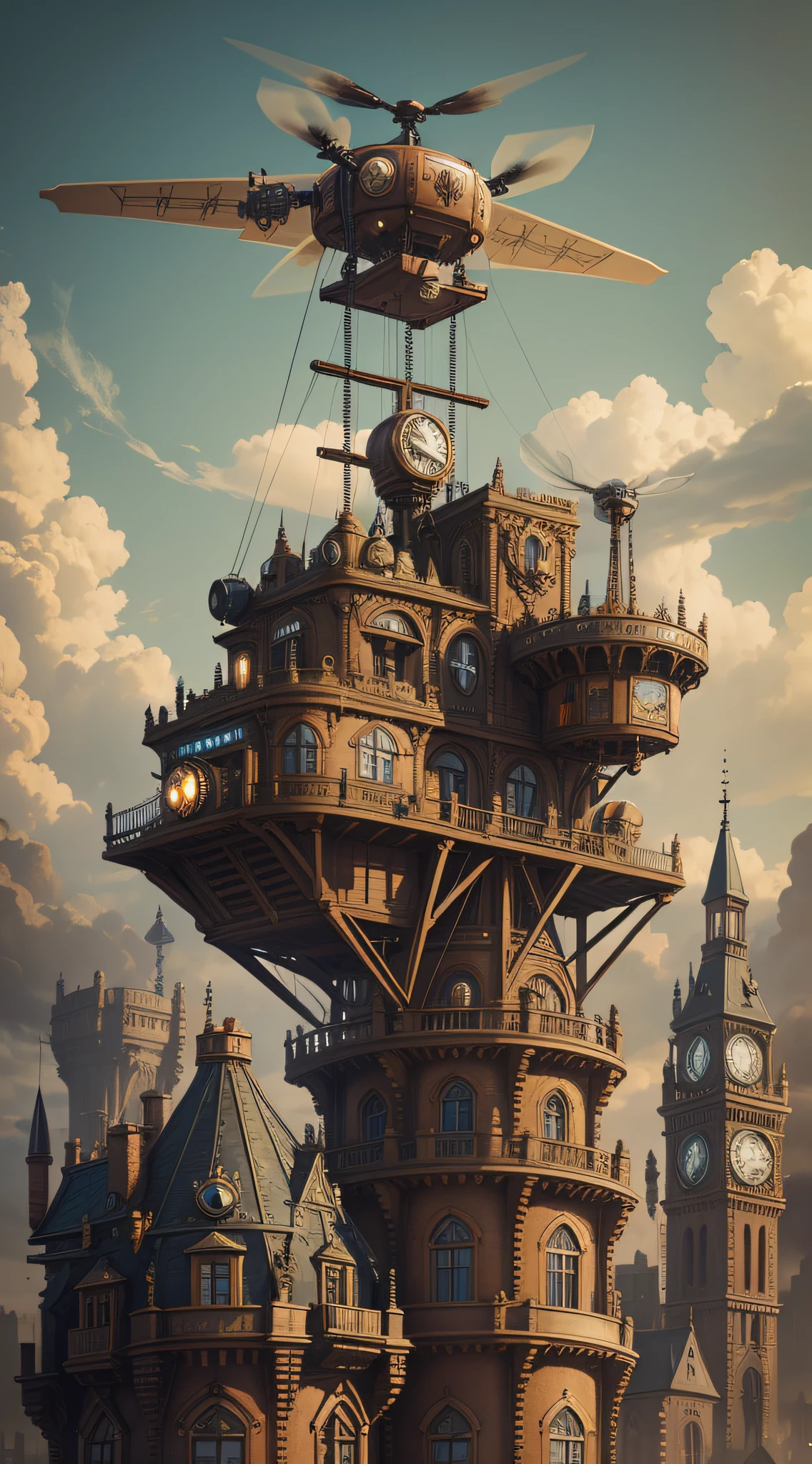 SteamPunkAI, Cogpunk helicopter, city castle, steampunk