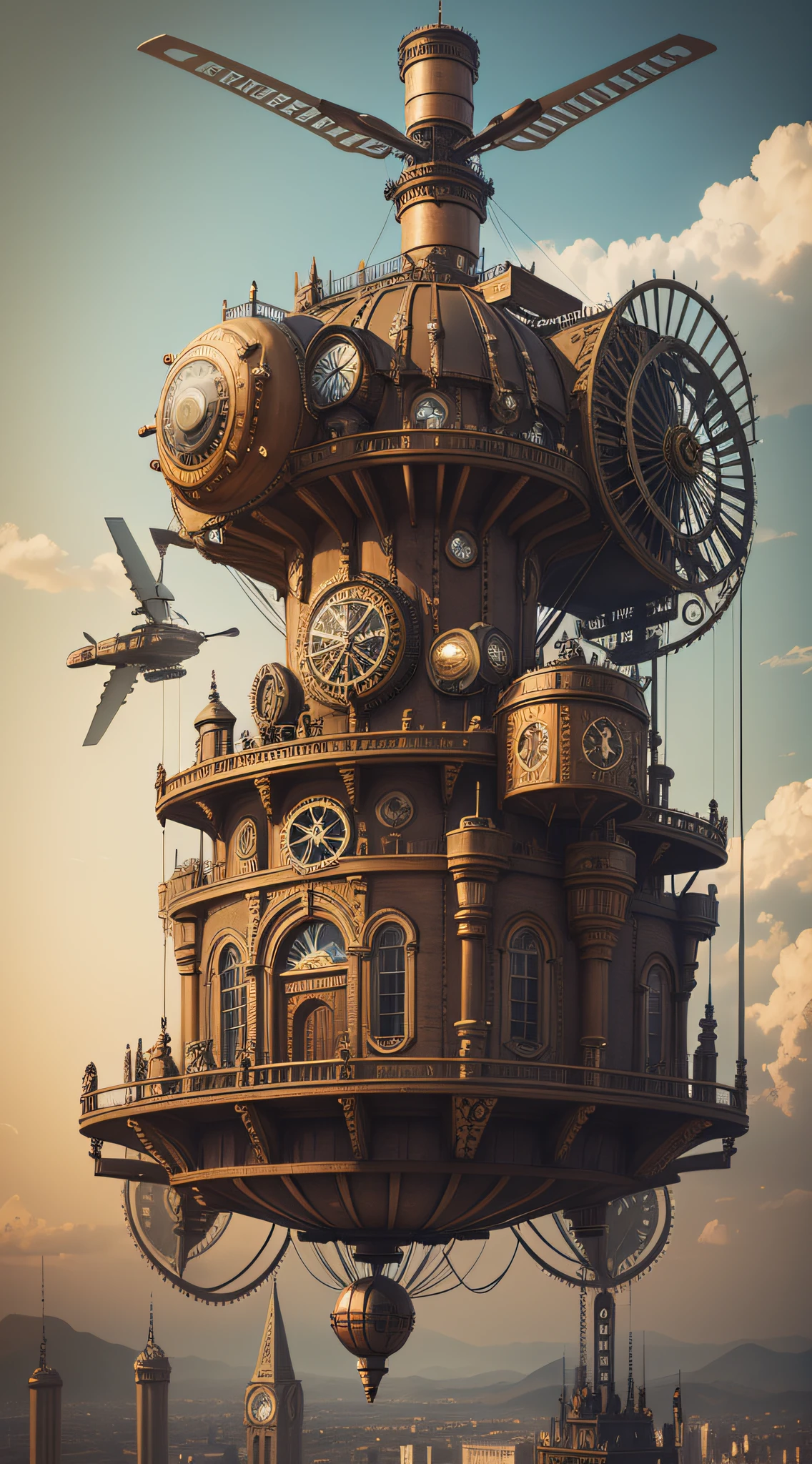 SteamPunkAI, Cogpunk helicopter, city castle, steampunk