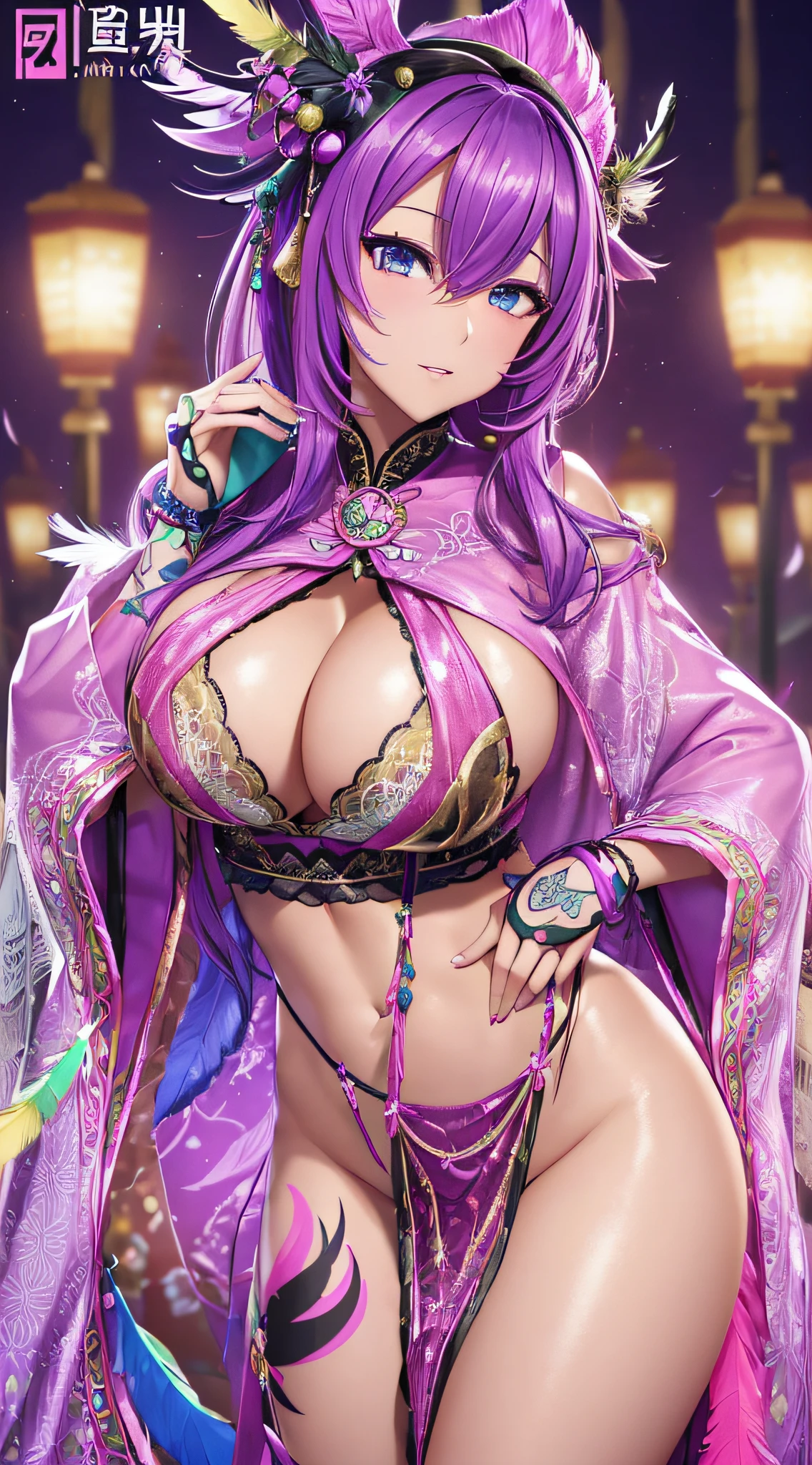 nighttime,full body,Genshin Impact:Yae Miko,(((Wearing Fluorescent fabric:harem outfit,Suzhoou embroidery technique:Lace sequin cloak woven from feathers))), Fabric Glows, Masterpiece,best quality,official art,extremely detailed 3DCG unity 8k, ( ##tattoo ##,tattoo, ~+ tattoo), (erfect female curves, huge stacked breast and proud cleavage),(A seductive gaze), Facing the camera, Pink lips,