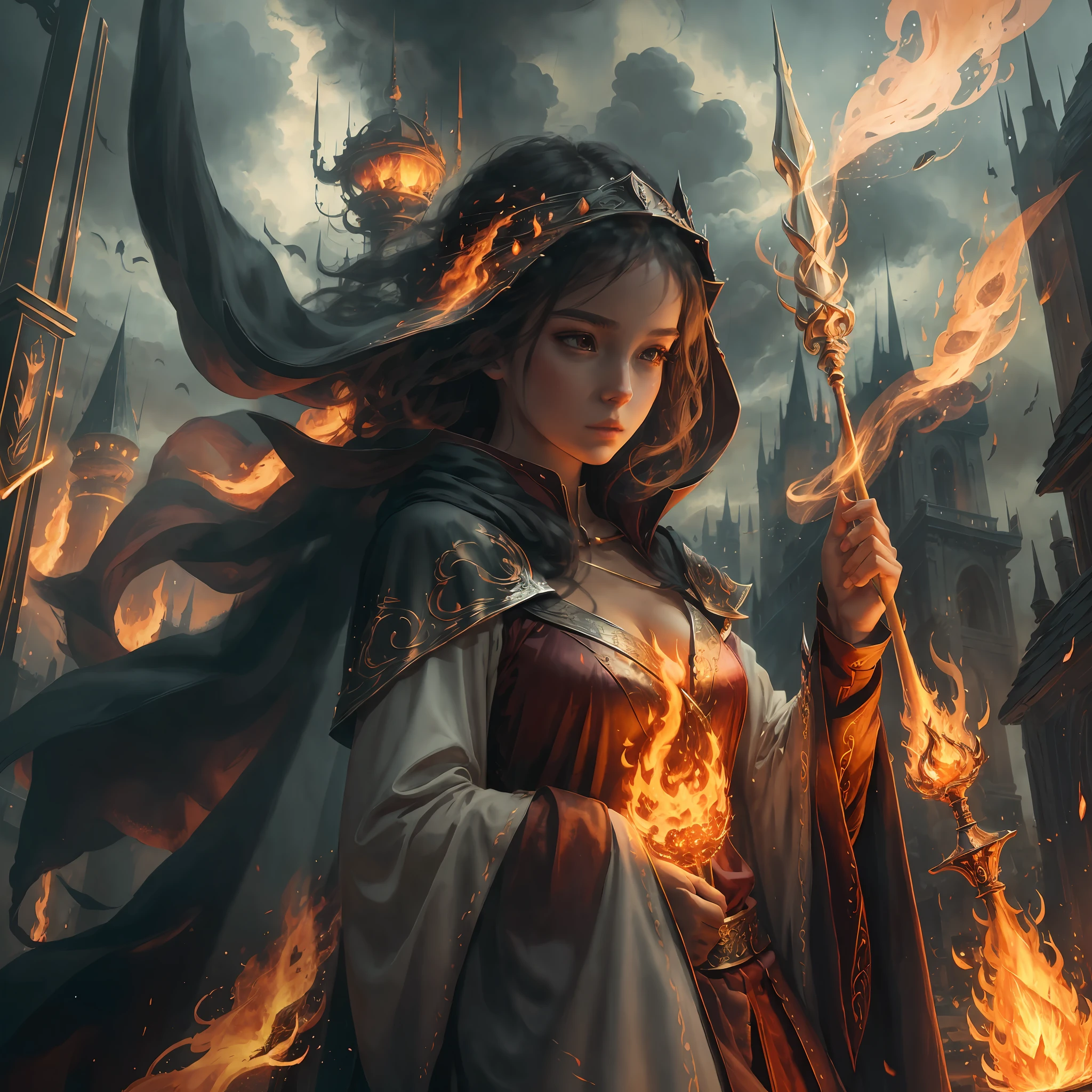 Masterpiece, best quality, 1 girl, delicate face, fire magic, mage robes, towers, dark clouds, staff --auto --s2