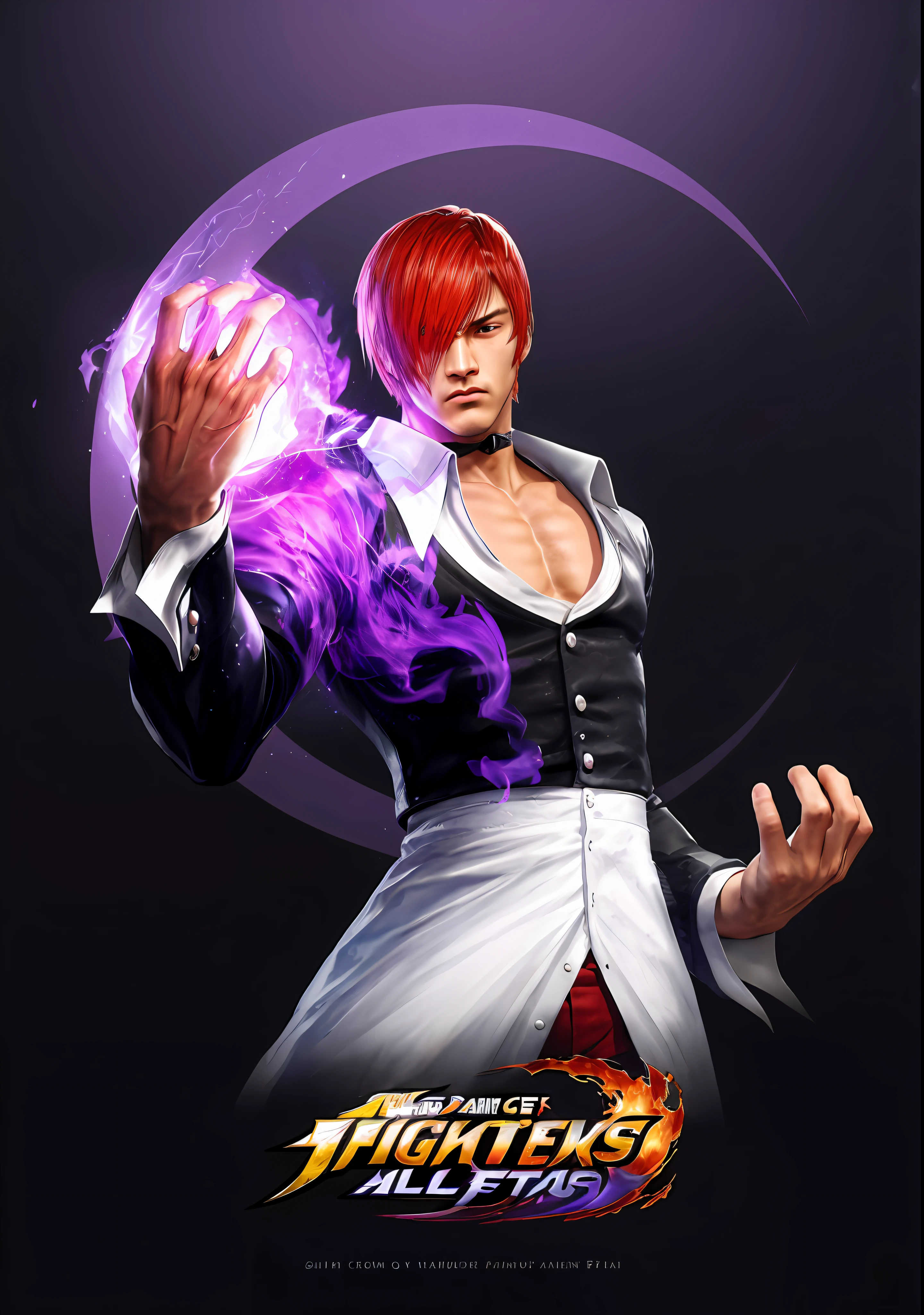 a close up of a person holding a purple ball, king of fighters style, character from king of fighters, fighting game character, as a character in tekken, jin kagetsu, striking detailed artstyle, snk, key art, official character art, daigo ikeno, fighter pose, fan art, sfw version, new character