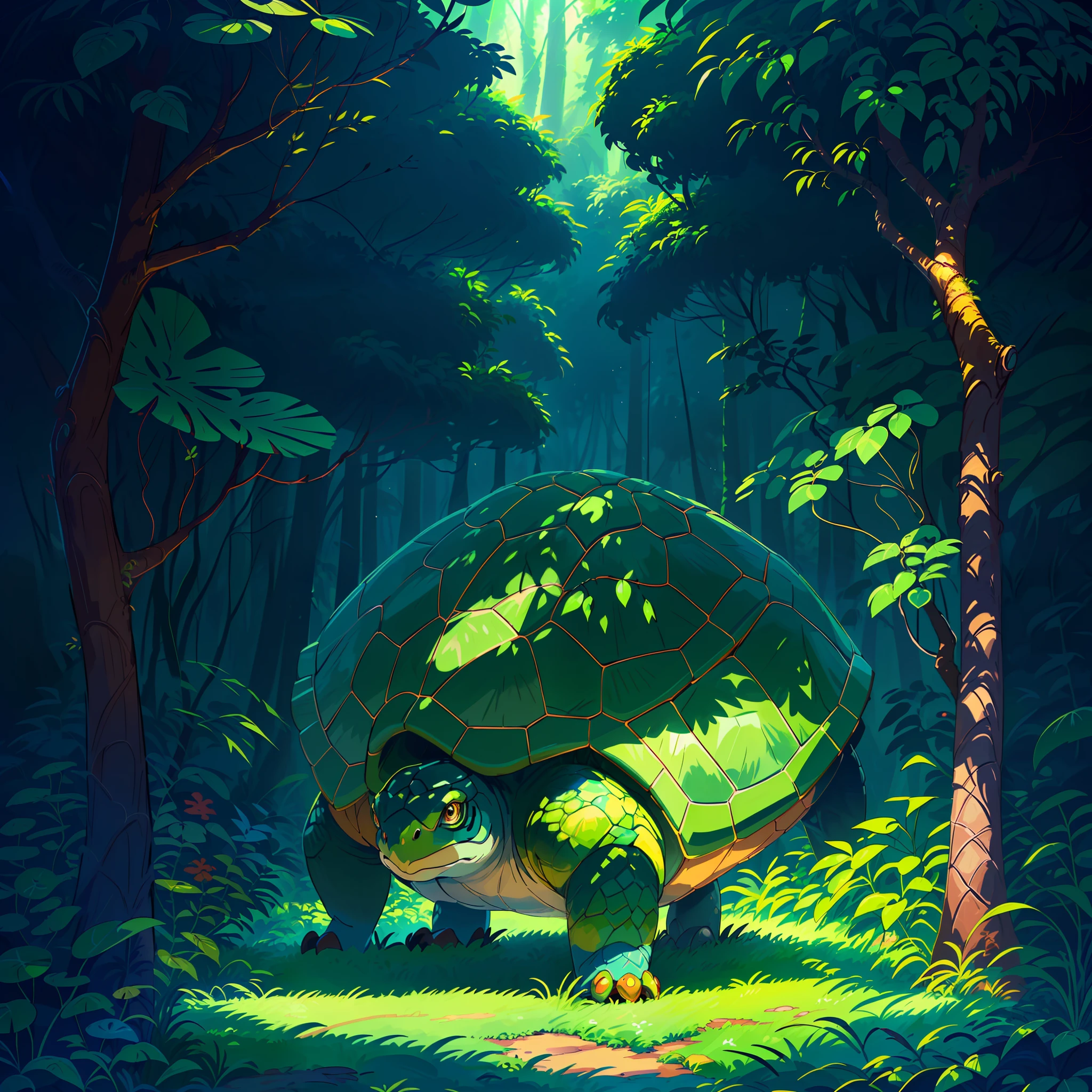 A Torterra Turtle Pokémon with green vines surrounding its body, standing proudly in a lush forest filled with other exotic pokemon and glowing mushrooms. ((Emphasizes "Turtle"+"Terra" symbolism in its design and plant element, highlighting the vibrant green and brown tree color palette)) ((a tree in its shell)) ((intimidating)) ((land turtle)) ((drawing style by Ken Sugimori))