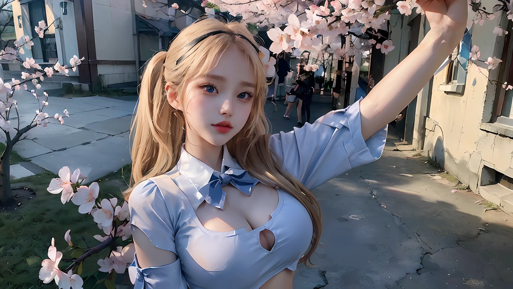 (rtx,vvs,super_detail, wide shot, high_qualityBlonde_hair, shaped_face,blue_eyes, small_nose, long_eyelashes,small_face, ((woman, 1girl)), serafuku_ (sexy uniform), cleavage_cutout, center_opening,((sideboop, underboob, midrif, stomach_cutout, navel_cutout, side_slit,large_breasts)), crotch_cutout, school_uniform, bow_hair, lip gloss, lip_balm, standing, masterpiece, distinct, highres, finely_detailed, (perfect_face,  perfect_eyes, perfect_fingers, perfect_hands, perfect_arms),long pigtails, ((cherry blossom background)),cute girl,,((K-pop,K-pop idols,korea,korean idols,revealing_clothes, 20-year-old female)),(delicate eyes, clear eyes)