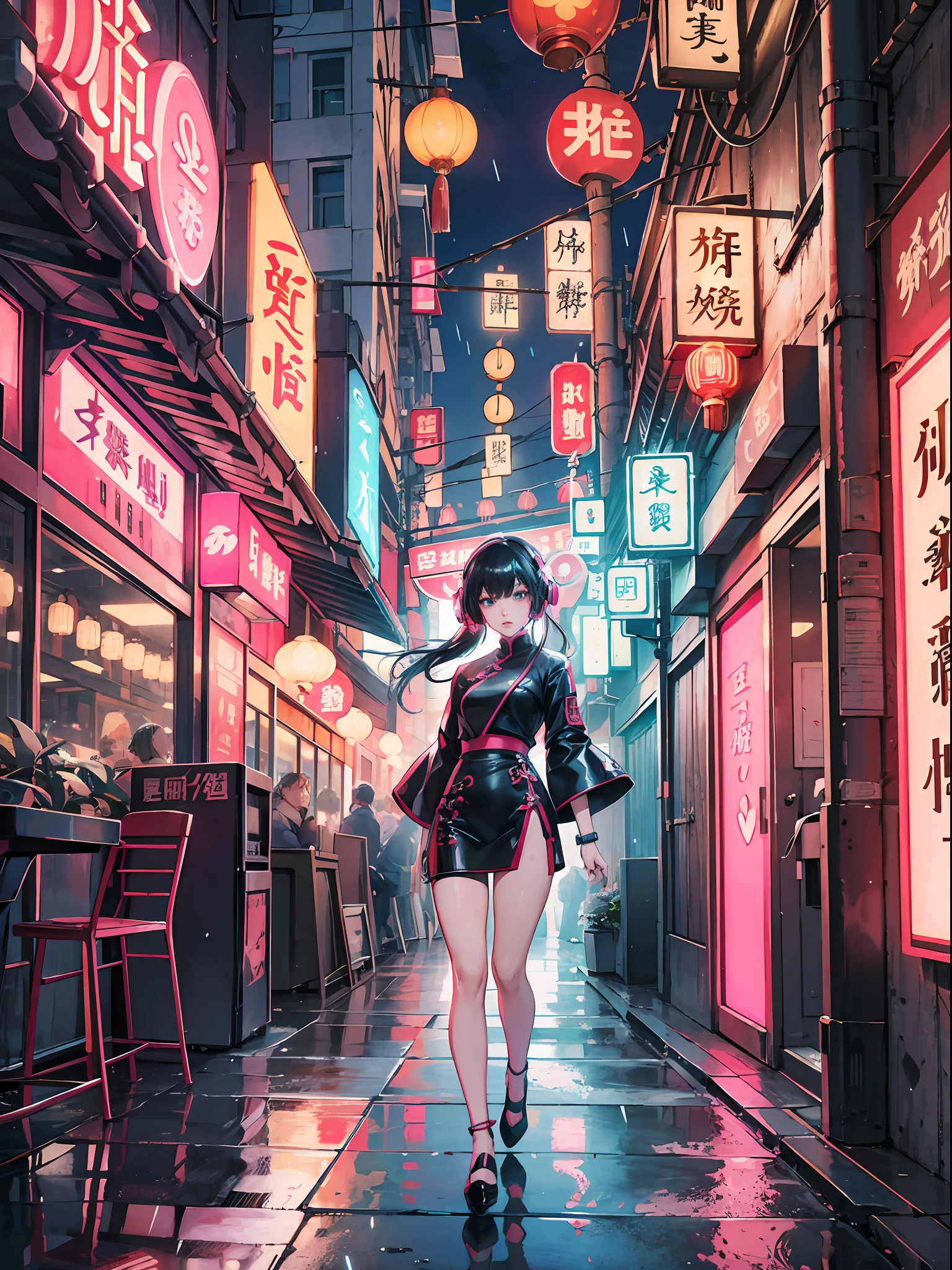Chinese cyberpunk BJD doll girl, wearing headphones and a short outfit in black, burgundy, cerulean and Nadeshiko pink, inspired in Andre Courrèges designs. She is walking. Bars and restaurants with neon signs in Chinese letters.
Boardwalk next to a river, in a futuristic Chinese city, the buildings façades are giant colourful screens.
Dark, nighttime, foggy rainy night.
Illuminated by neon, city lights, signs.
Great angular, deep depht of field. High definition. Digital art, 3d, realistic raytraicing. --auto --s2