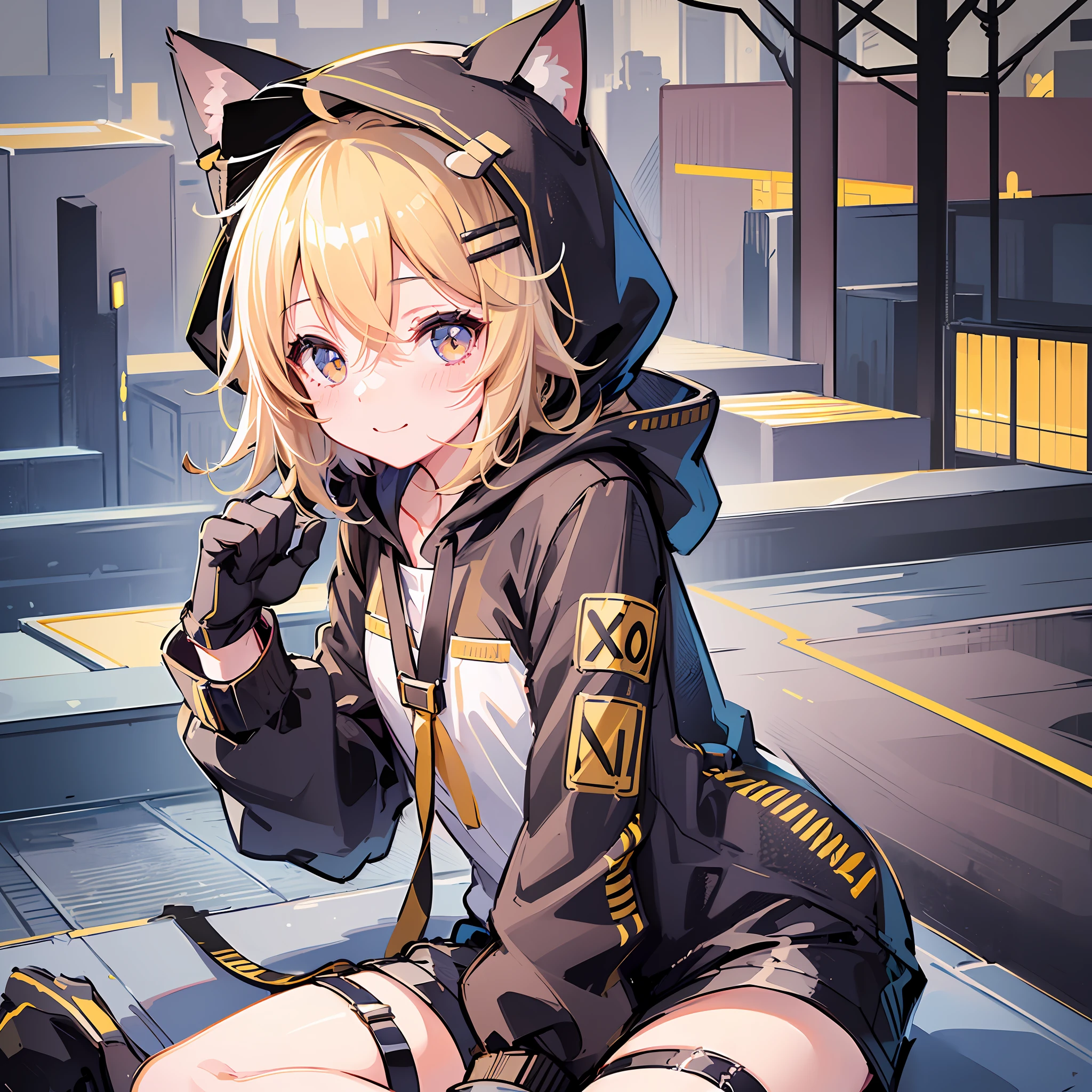 (Masterpiece), (Best Quality), (Illustration), (Ultra Detailed), (High Resolution), Absurdity, One Girl, (kagamine-rin), (Vocaloid), Smile, Innocence, Short Hair, Hair Clips, (Cat Ear Hood), (Wearing a Hood), Perfect Size Hood, Blush, Black Shorts, (Blonde), Very Cute Girl, Small, Young, Delicate, Outdoor, Attention on Girls, Cat Pose