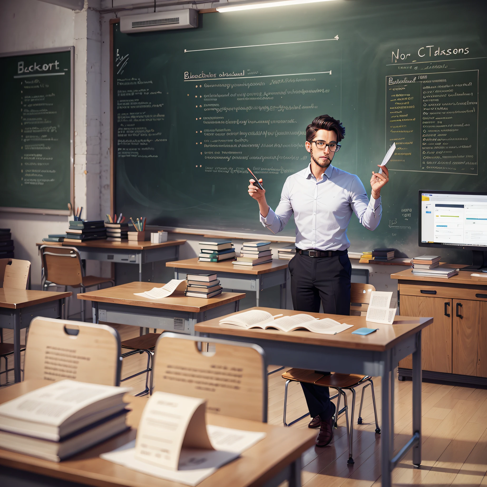 A teacher with glasses, lecturing in a classroom with a book in his hand, blackboard, flat illustration, ul illustration, GUI, minimalism, white background, bright color scheme --auto --s2