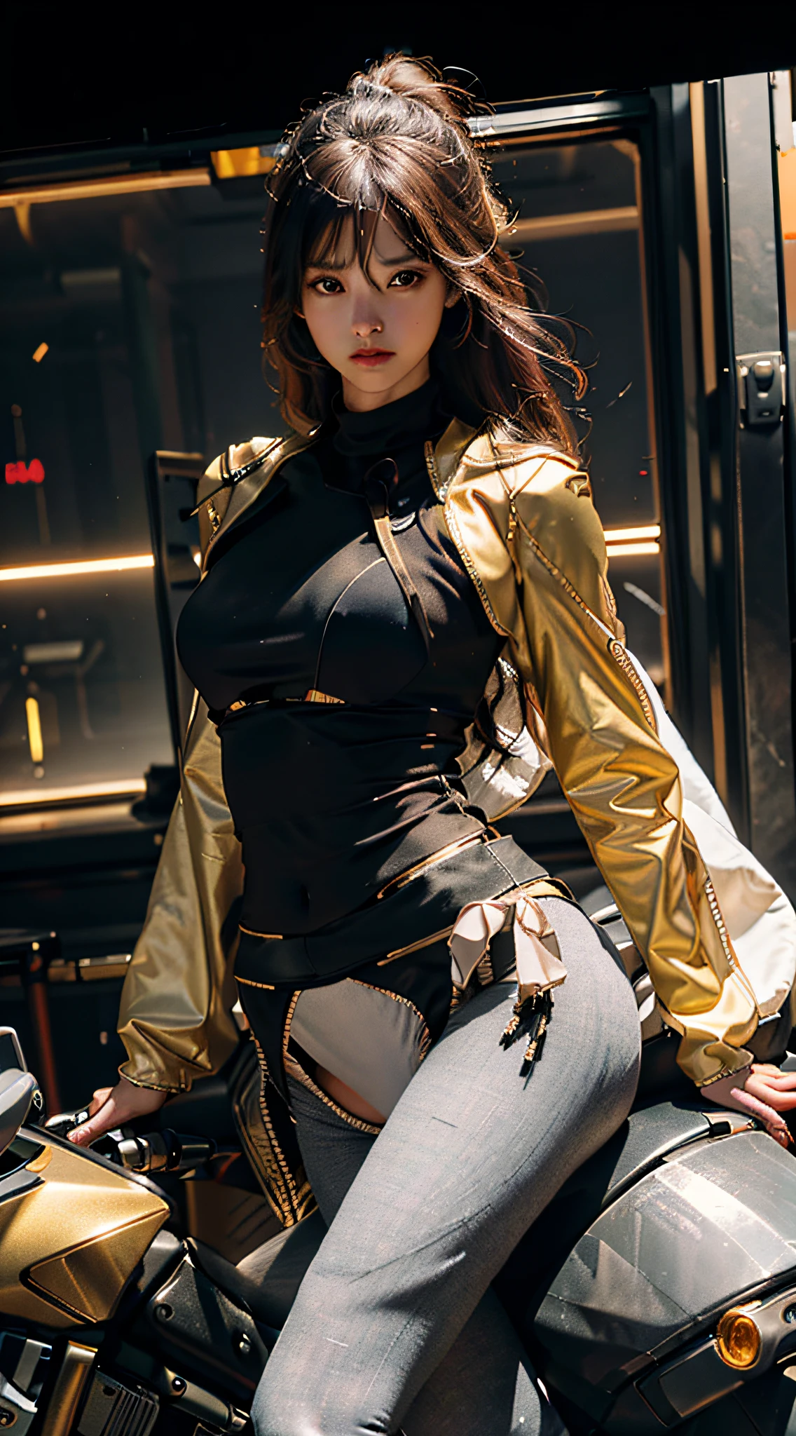 Highest quality, outstanding detail, super high resolution, (fidelity: 1.4), best illustration, favor details, highly condensed 1girl, with a delicate and beautiful face, wearing a golden mech, (torn clothes: 1.5), (leggings), wearing a mecha helmet, holding a direction controller, riding on a motorcycle, the background is a high-tech lighting scene of the futuristic city.
