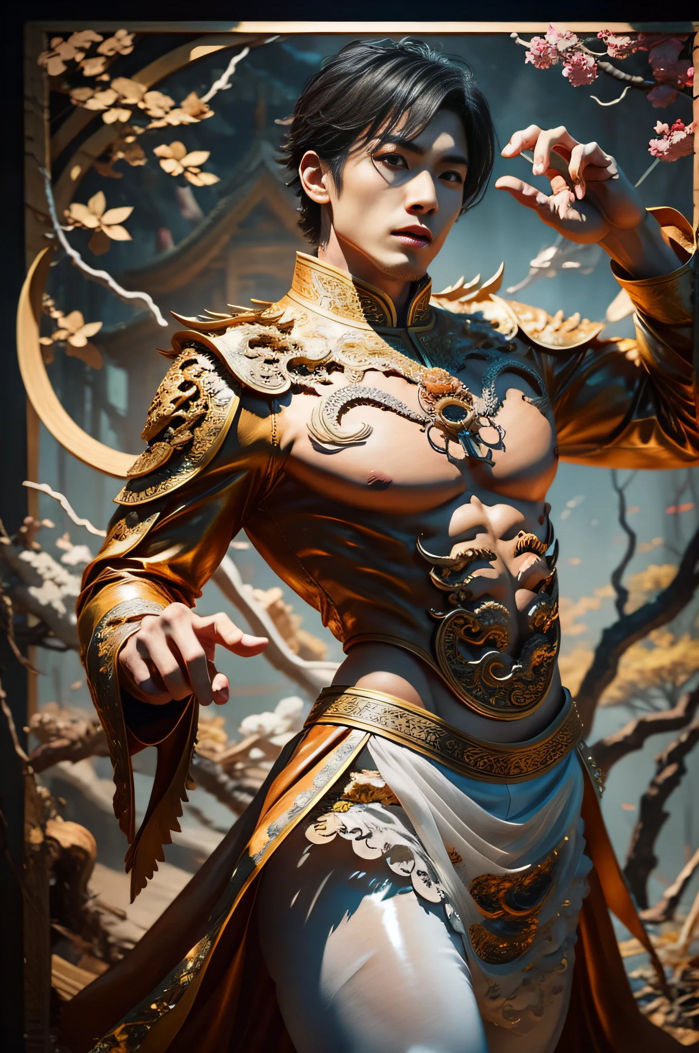 Handsome, 25 years old, Asian, master work, best picture quality, higher quality, high detail, super high resolution, (realistic: 1.4) 8k resolution, delicate facial features, boys, big muscles, tattoos, glowing eyes, short hair, gray hair, hair details, (full body: 0.7), detailed background , [[Look away, look to the side, emphasize homosexuality and pay attention to every detail , open Hanfu transparent tulle jacket, white rubber pants, (crotch bulge), , Fa gong, Chinese kung fu, fingerless gloves, Wristbands, dragon themed costumes, monk robes, dynamic composition,,, wood, wood background, very much wood, wood around the body, dead wood, lots of branches background, Chinese wood carving, wood carving modeling crafts, holding wood carving magic vessels, night