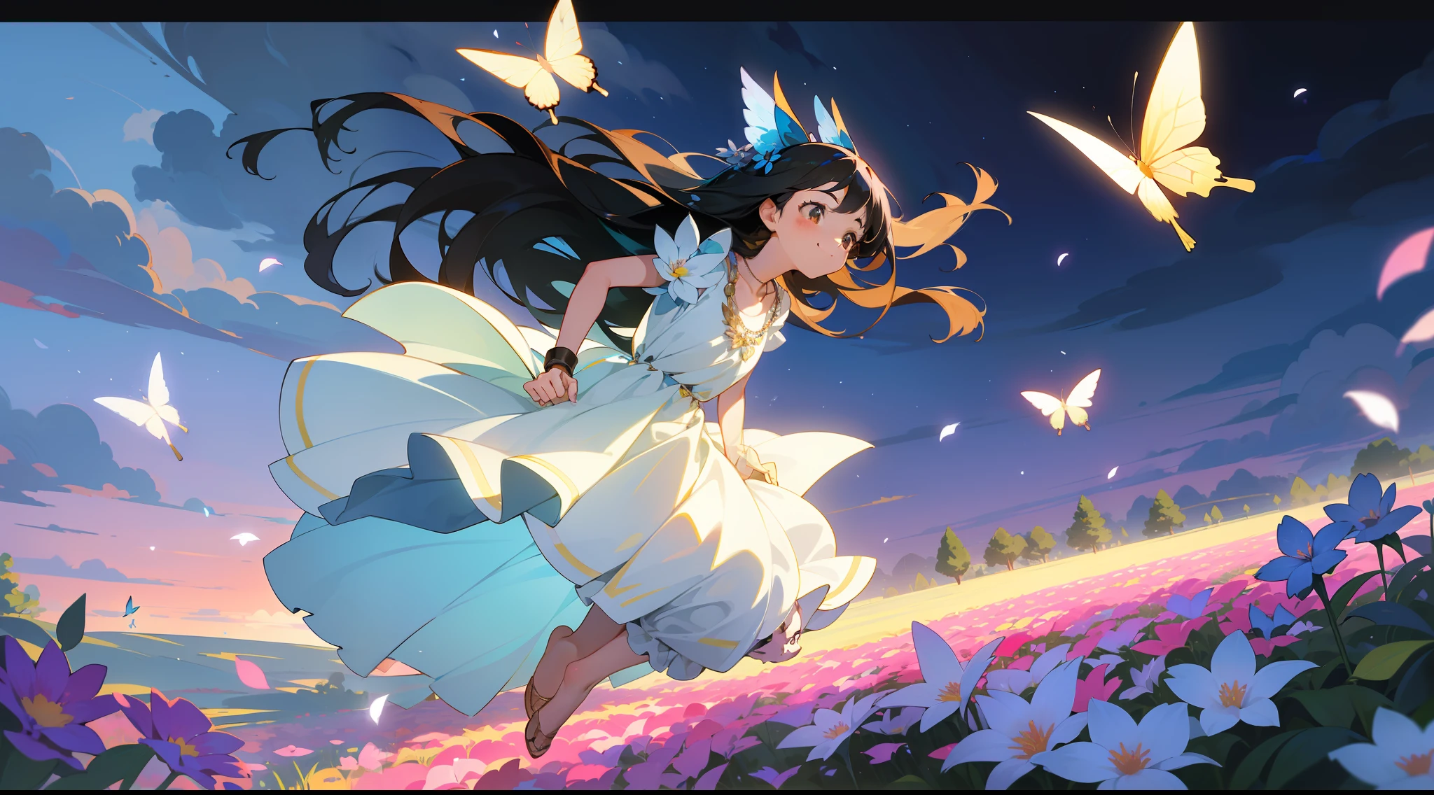 ((SFW))), Masterpiece, (High Quality), ((Photoreal)), (Cinematic Direction), (High Contrast), (Depth of Field: 1.2), (Award-winning Difference Photo), Face Detail, Detailed Drawing, (There is a place in the forest where flowers bloom, Girl dancing in a snow-white summer dress in that flower field, animals are happily jumping around the girl, Colorful little birds and butterflies fly around the girl),The girl is , black hair very long hair, summer sky, summer clouds, summer dazzling sunshine, flower garden, girl with open arms, necklace, smile, smile, happy, fun, girl looking up at the sky, deer, flapping duck, flapping goose, hummingbird, European bulbul, kingfisher, European oruri, butterfly, dazzling halo light, ( Dazzling Glow: .1.4, (Glow: 1.3), Backlit, (Multicolored petals soar in the wind), Anime Girl, Cartoon, Anime Face,