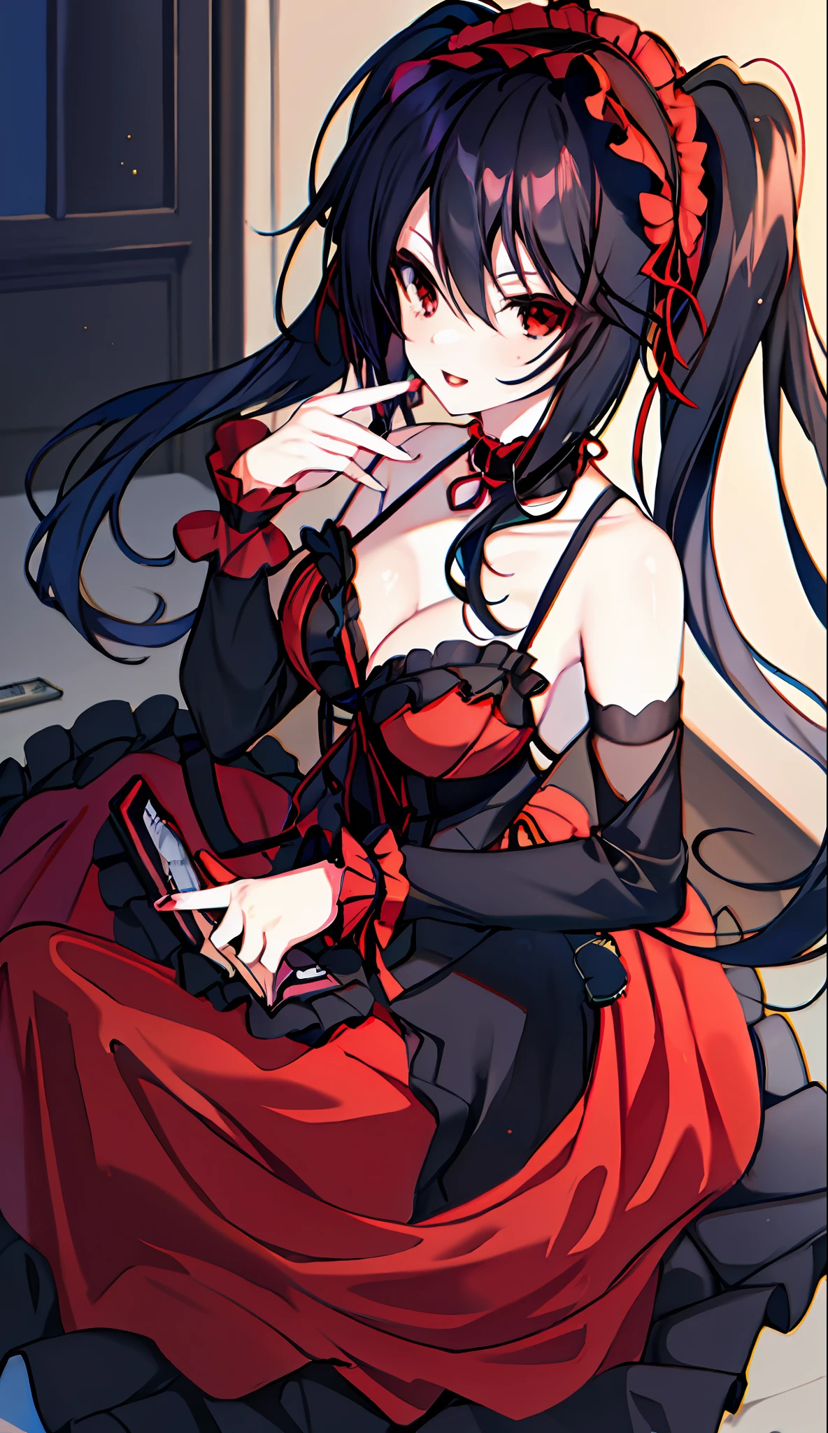 18 Year Beautiful Girl, Masterpiece, Top Quality, 8K Anime, 1 Girl, Solo, Detailed Fingers, Precise Fingers, Non-Unnatural Hands, Odd Eye, Red Eyes, Cleavage, Black Hair Twin Tails, Kurumi Tokizaki