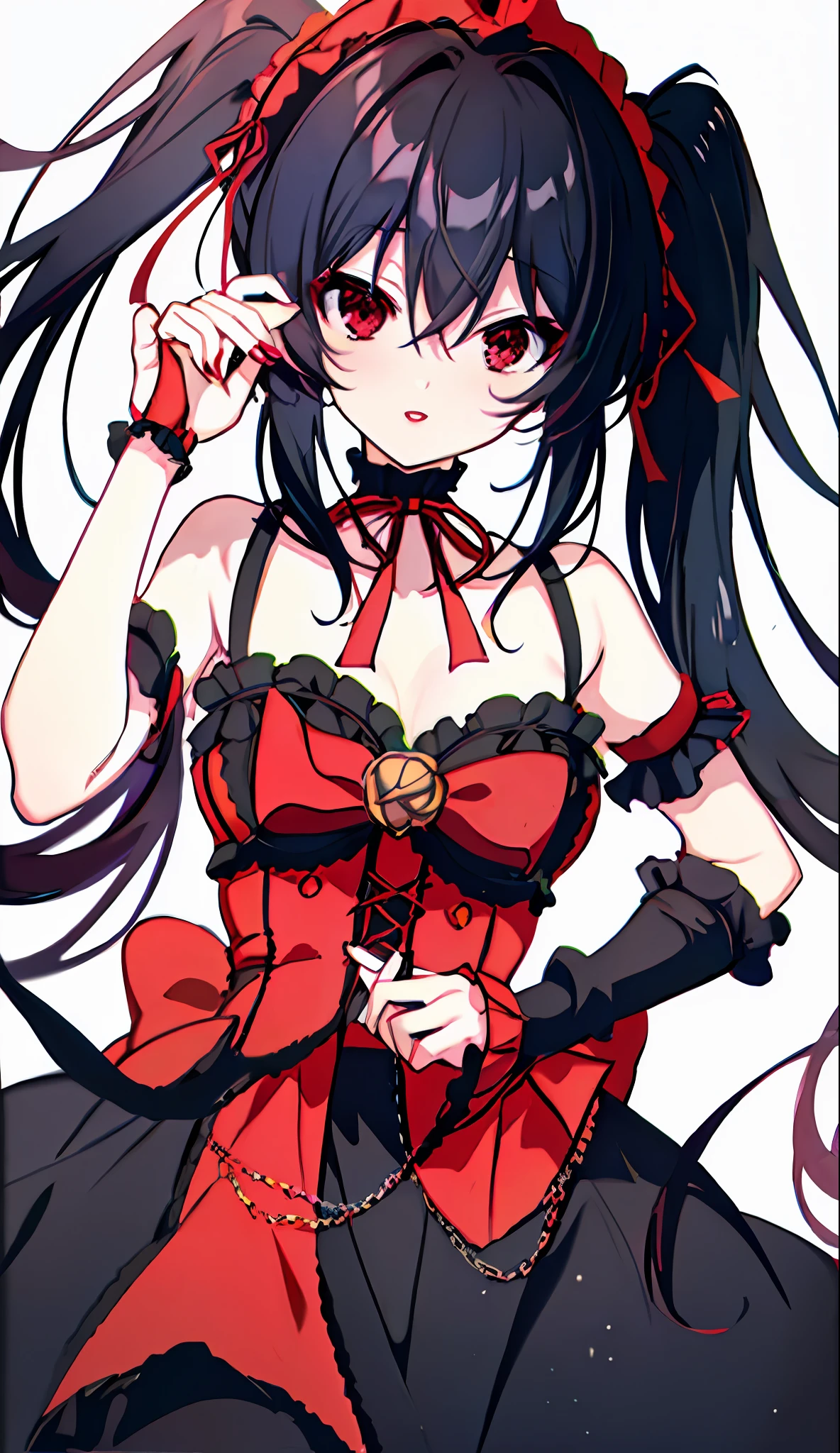 18 Year Old Beautiful Girl, Masterpiece, Top Quality, 8K Anime, 1 Girl, Solo, Detailed Fingers, Precise Fingers, Non-Unnatural Hands, Odd Eye, Red Eyes, Cleavage, Black Hair Twin Tails, Kurumi Tokizaki