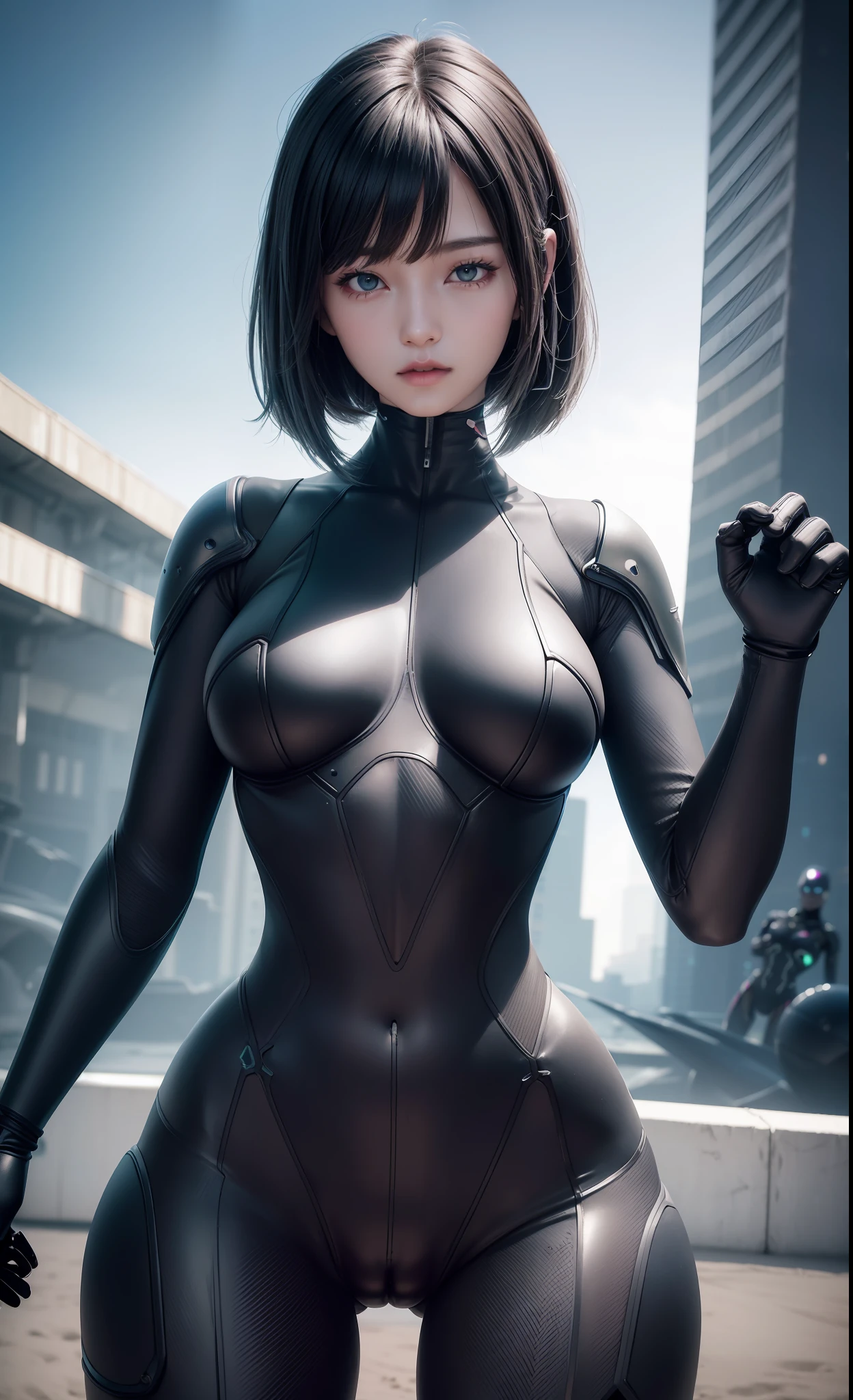 delicate face, 20-year-old kpop idol cyborg girl, carbon fiber cyborg body, carbon fiber body, {{angled bob}}, (big breasts:1.15), (mechanical joint), bangs, attractive curves, mid pelvis, seaside, standing posture, beach, glowing skin, ((puffyareolas)), (high leg, spread legs, camel toe, cameltoe, vulvashaped:1.25), (cyberpunk, sci-fi:1.1), [[[glowing neon]]], (upper body:1.15), (8k, RAW photo, best quality, masterpiece: 1.45), (:1.15)