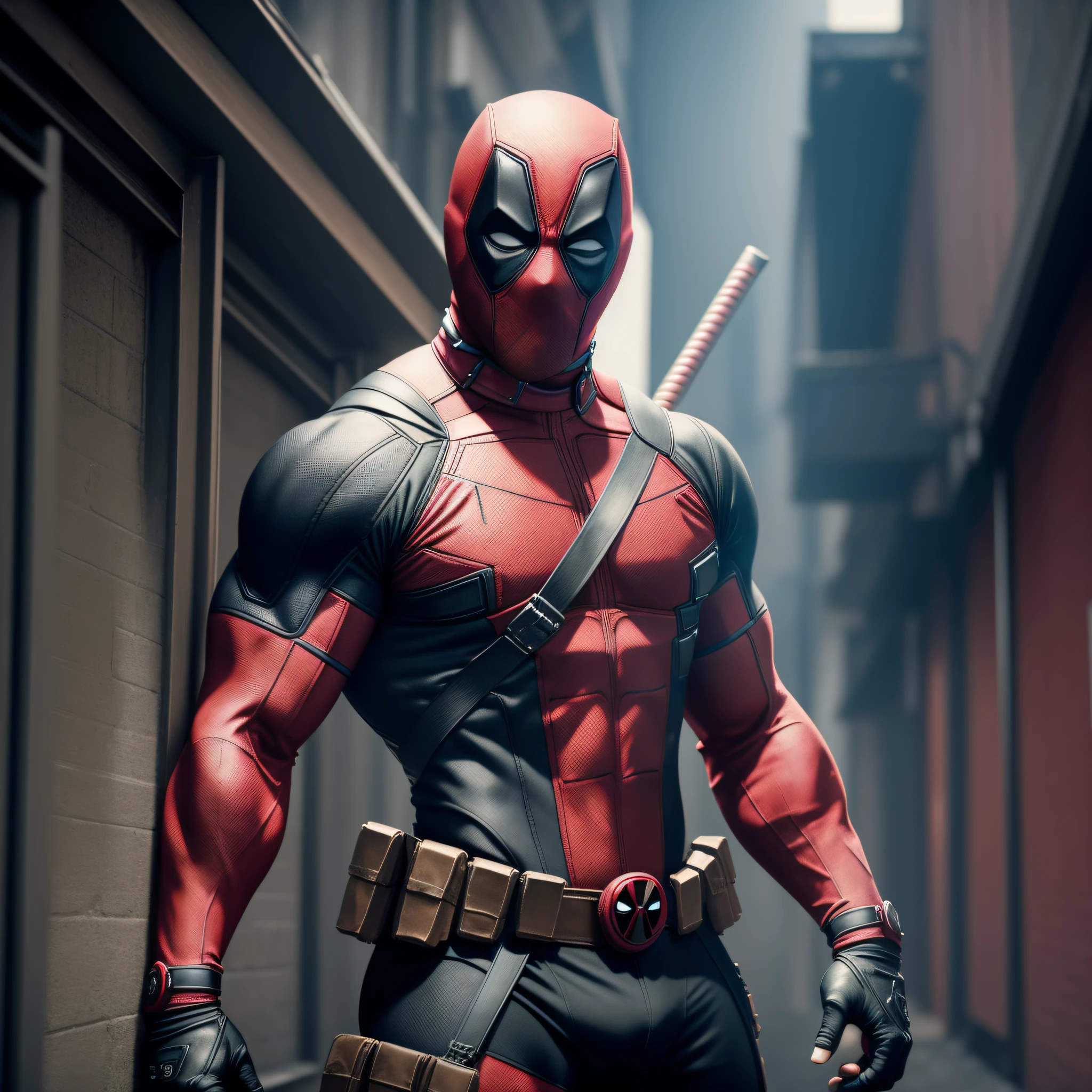 Deadpool, muscular, lean physique, black and red suit, tight spandex suit, spandex black and red mask, ((no ears)), 2 katanas hanging behind the back, straps on his chest, pistols on the waist, high resolution, ultra detailed CG Unity, cinematic lighting, shadings, 8k, trending on ArtStation, trending on CGSociety, center focus, alley