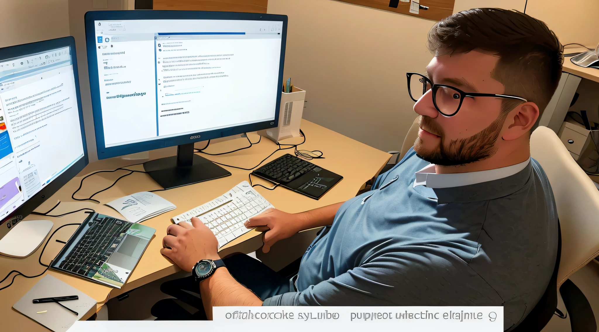(Comfortable office environment, warm lighting,) a person, sitting in front of the computer, lying on the desk, the sound of fingers tapping on the keyboard is clearly audible, reflected on the screen on the glasses, sloppy handwriting.