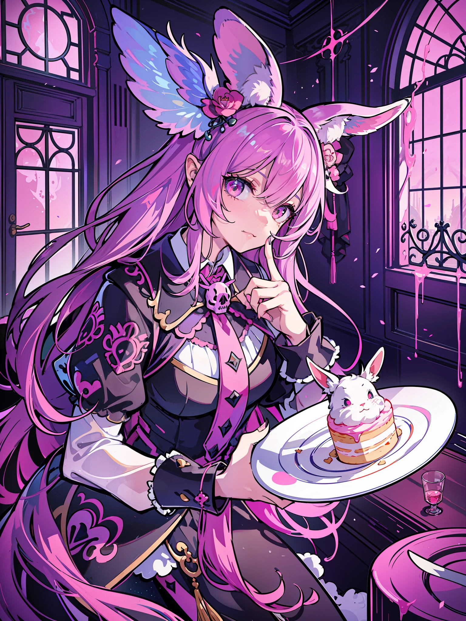 official art, unity 8k wallpaper, ultra detailed, beautiful and aesthetic, High quality, beautiful, masterpiece, best quality, (zentangle, mandala, tangle, entangle:0.6), flat color, limited palette, low contrast, a cute girl serving cake to demons, pink, bright pastel colors, kawaii, (horror), eerie, rabbit skull, goat skull, in hell, creepy, demons, claws, best lighting