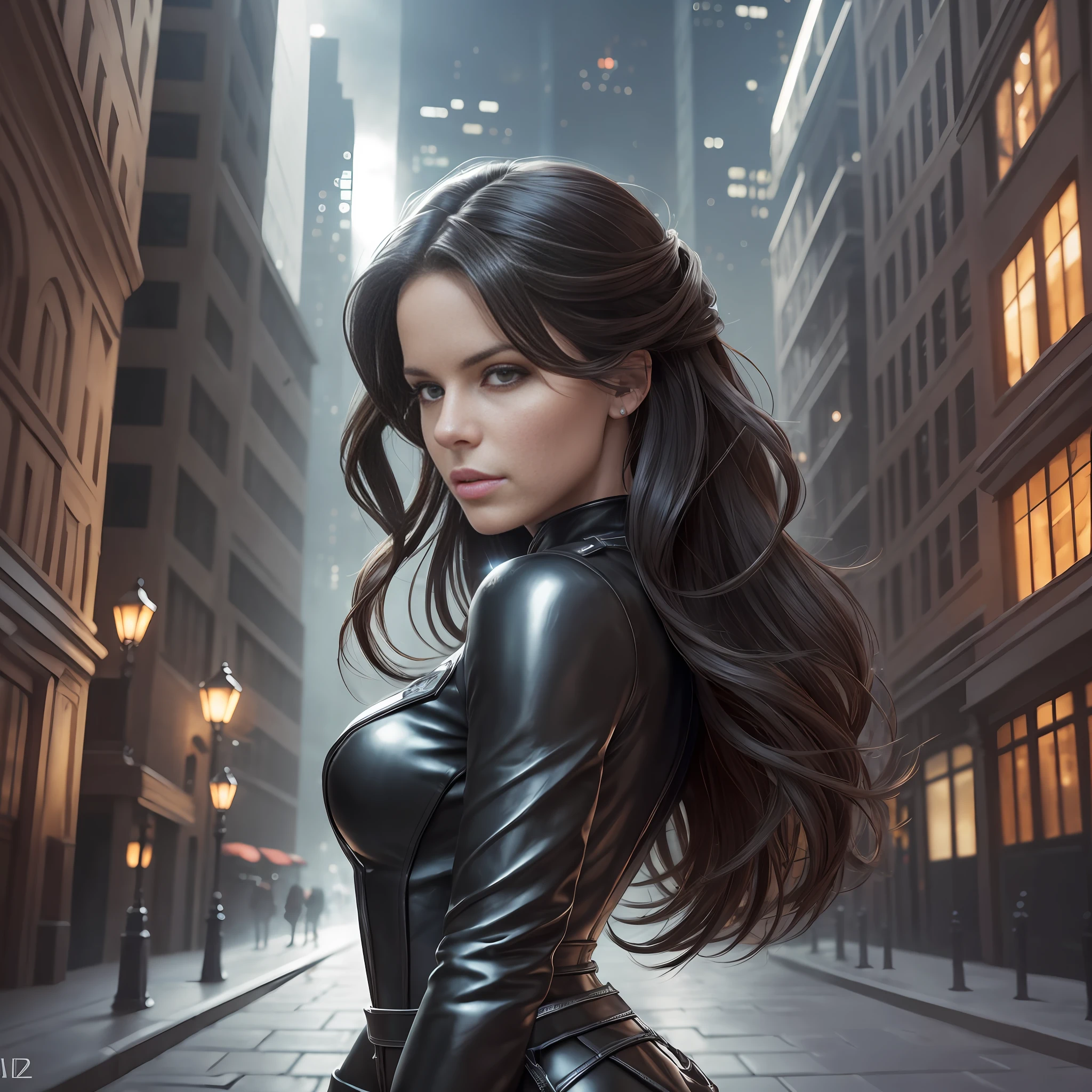 Kate Beckinsale, hazel eyes (with incredibly intricate, ultra-detailed, CG, 8k wallpaper-like, long black hair), (masterpiece), (realistic), (photorealistic: 1.2), (raw photo: 1.2), (best quality: 1.2), (detailed face: 1.4), (beautifully detailed eyes: 1.2), (elaborate hair), face illuminated by light, enormous file size, dramatic cinematic lighting. rays of light emanating from her hands, strong and striking expression. She has fair skin, very smooth and fine, extremely long black hair. She is wearing an attractive futuristic black and red vinyl jumpsuit, cyber-punk style.Urban center that combines old and modern buildings. Cobblestone street. Nighttime.The atmosphere is filled with mystery, mist, and an ultra-realistic ambiance. --auto --s2