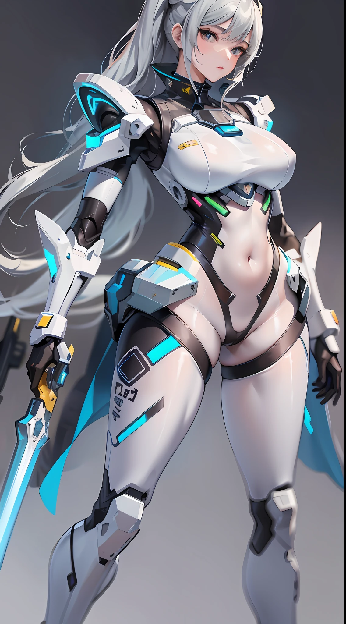 a woman in a futuristic suit with a sword,full-size photograph,Long legs, Slightly chubby,navel,Transparent skin,Perfect body shape,art feminine, Macro distance,mechanized valkyrie girl, ferra white mecha, girl in mecha cyber armor, female mecha, extremely detailed artgerm, echo from overwatch, Clear facial features,gorgeous female paladin,Advanced Rendering,depth of field